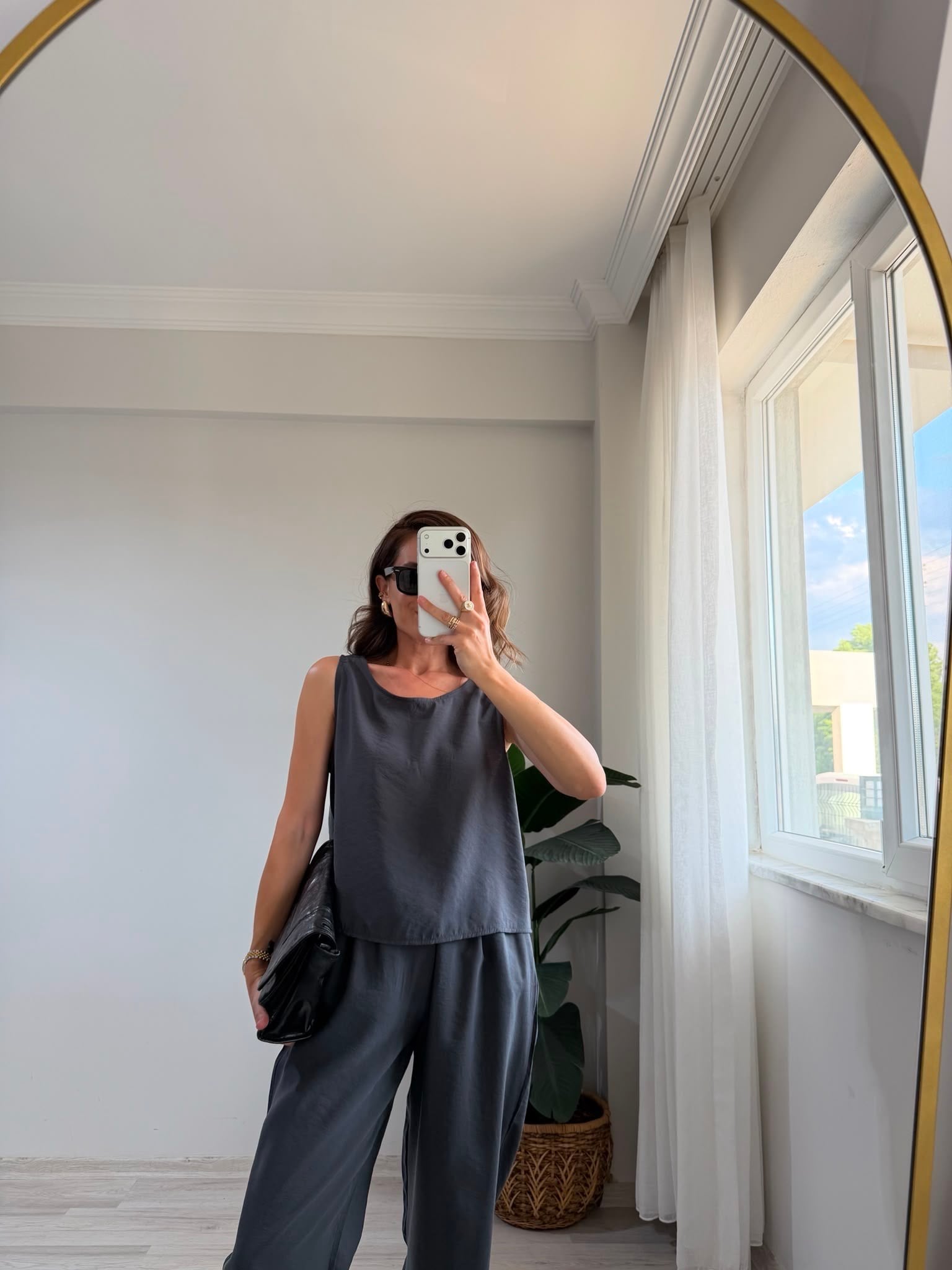 Antrasit Sıfır Kol Bluz Pantolon Takım 3089