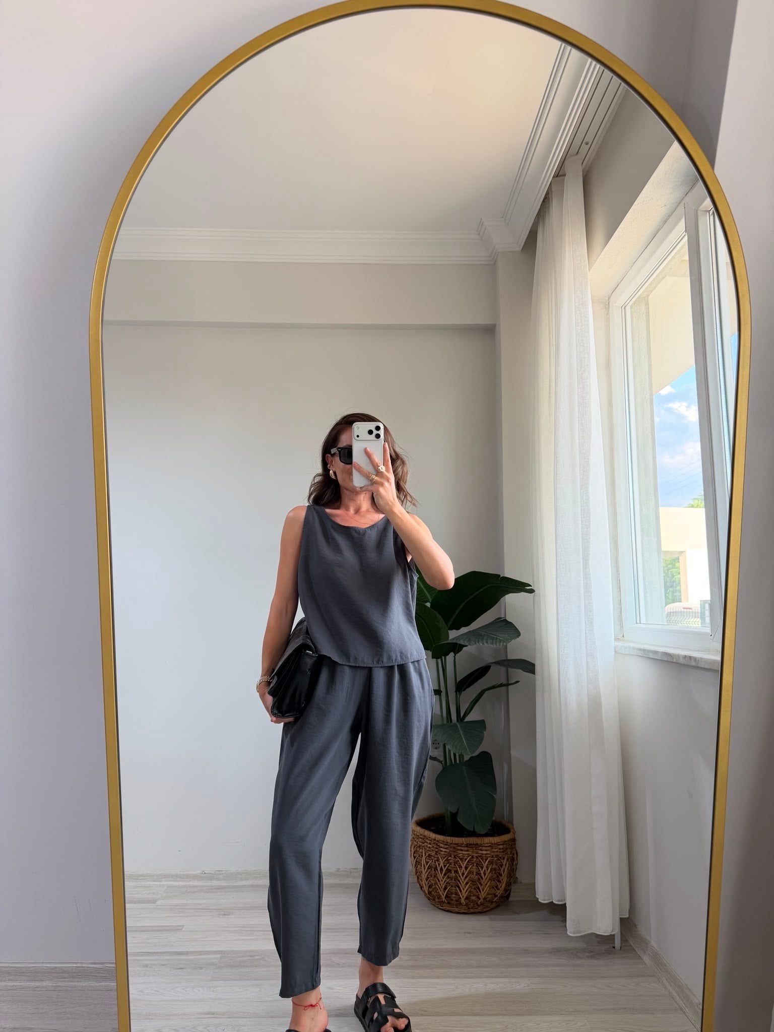 Antrasit Sıfır Kol Bluz Pantolon Takım 3089