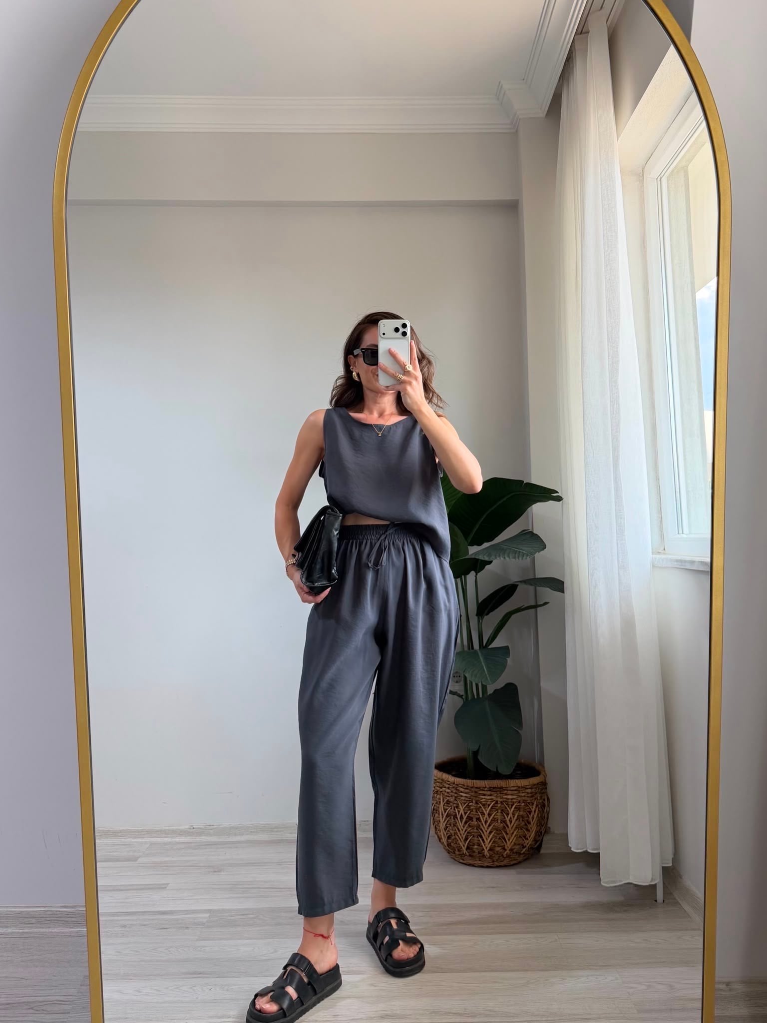 Antrasit Sıfır Kol Bluz Pantolon Takım 3089