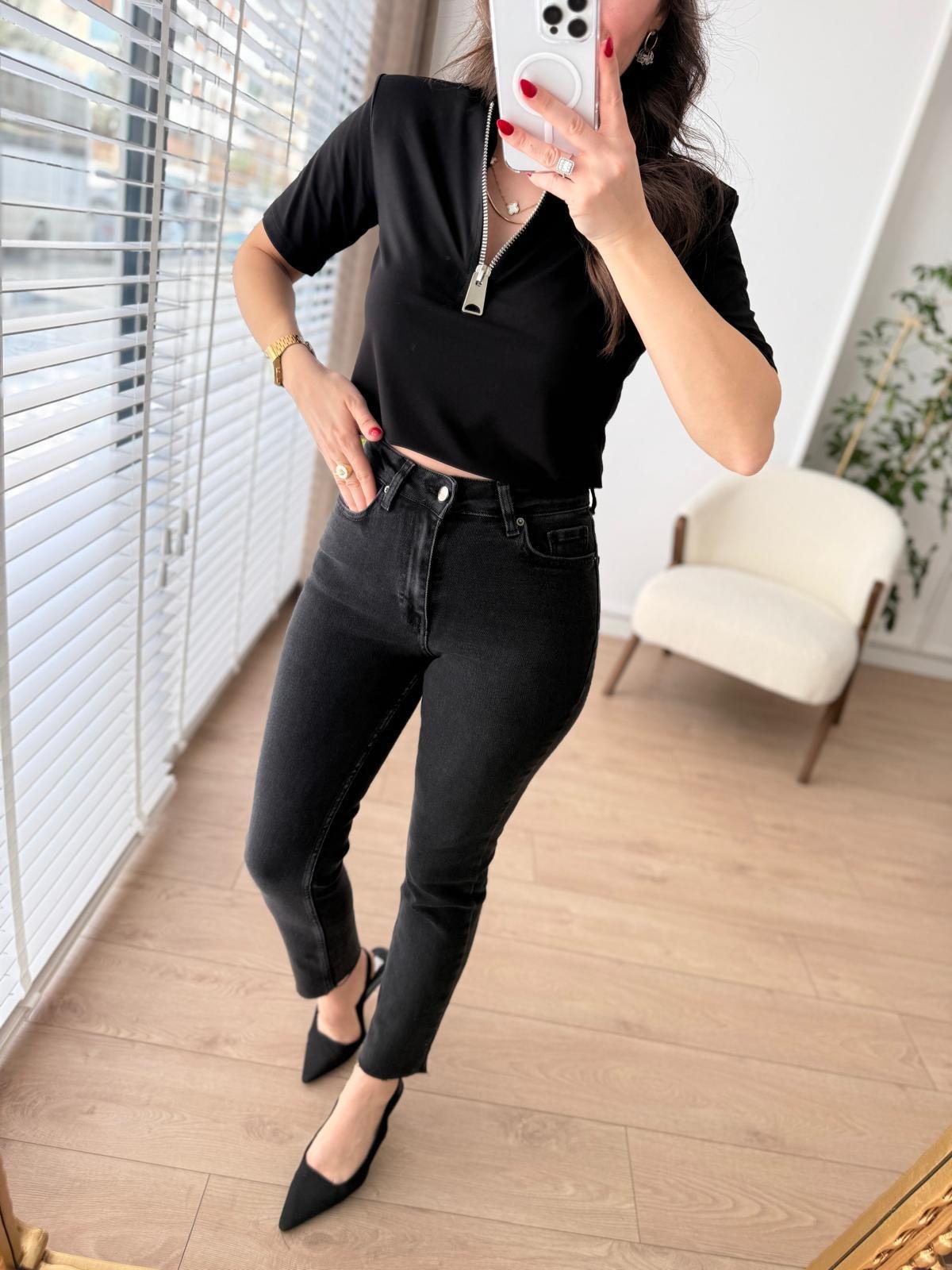 Antrasit Yüksek Bel Full Likralı Paçası Kesik Mom Jean 0764