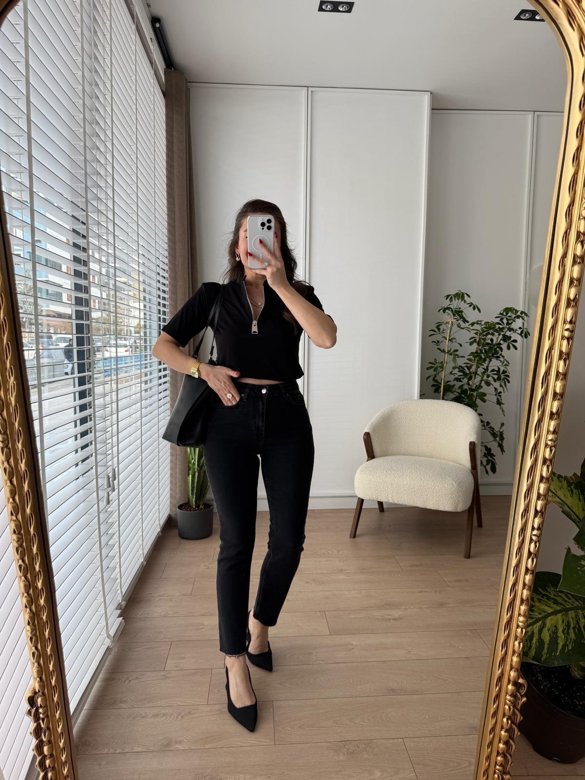 Antrasit Yüksek Bel Full Likralı Paçası Kesik Mom Jean 0764