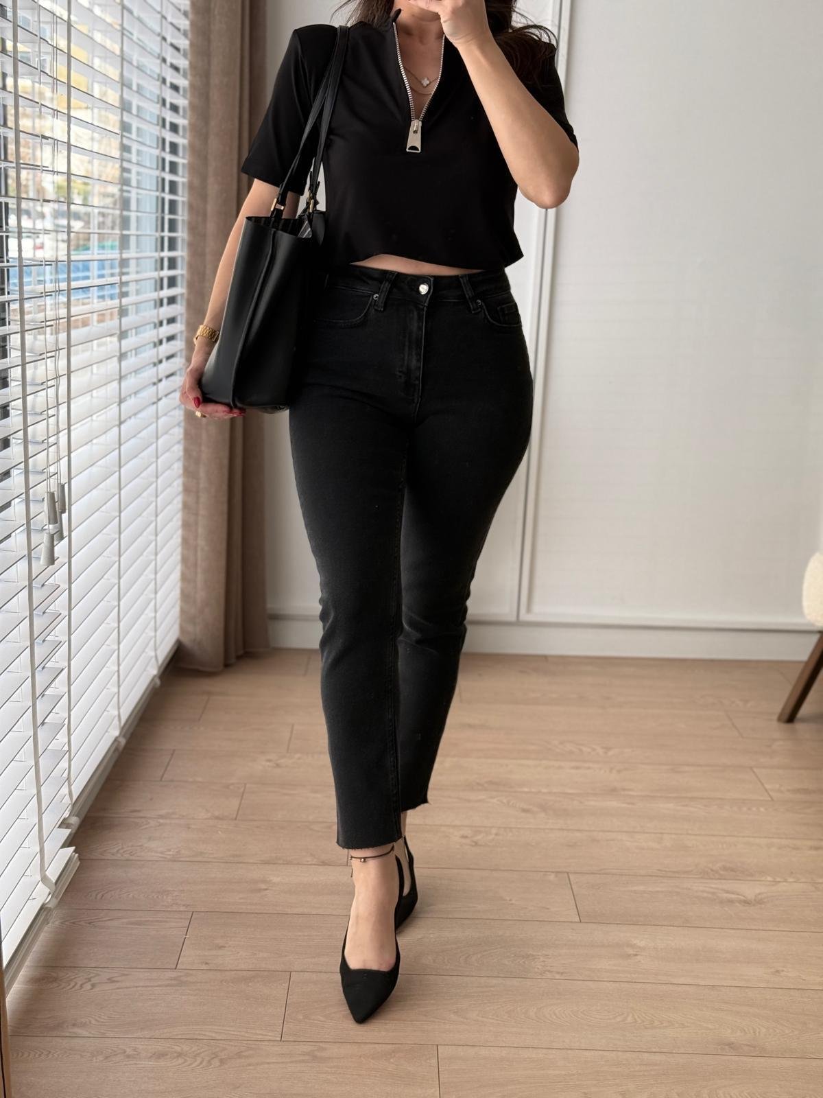 Antrasit Yüksek Bel Full Likralı Paçası Kesik Mom Jean 0764