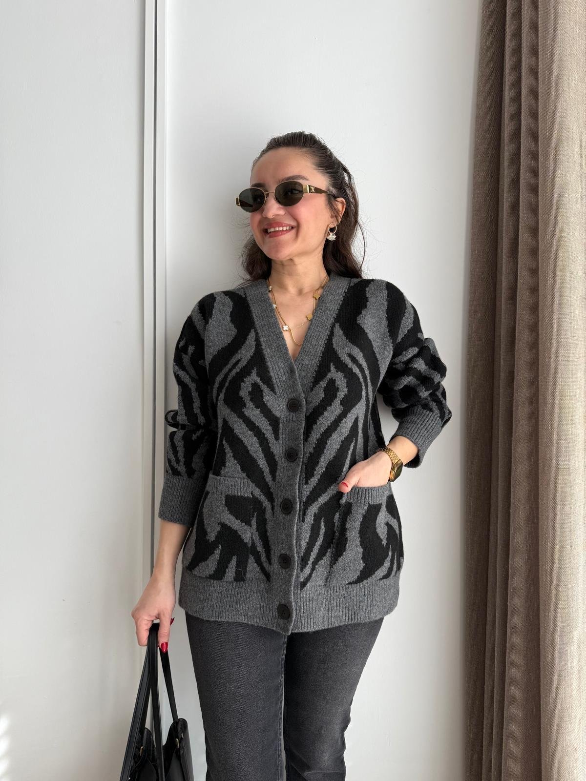 Antrasit Zebra Desen Triko Hırka 241119