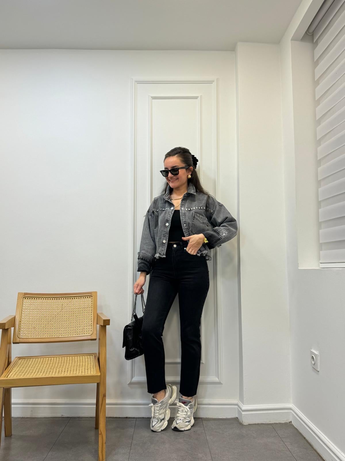 Antrasit Zımba Detaylı Çıtçıtlı Kot Ceket 95099