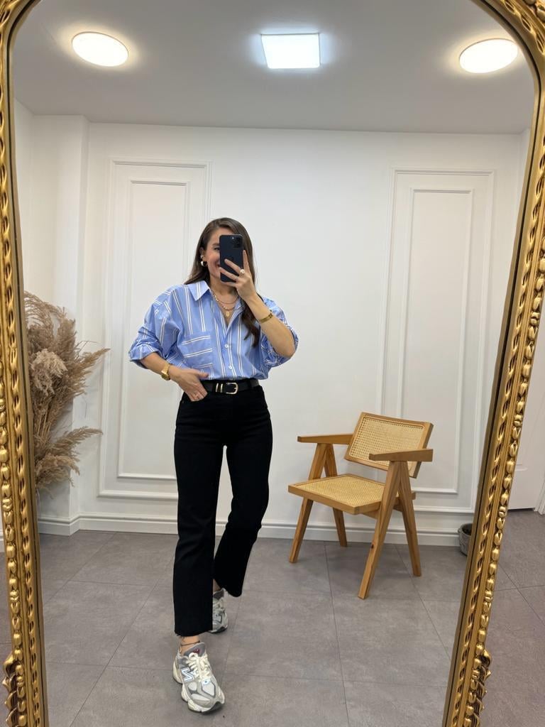 Bebe Mavisi Çizgili Oversize Tek Cep Gömlek 3067