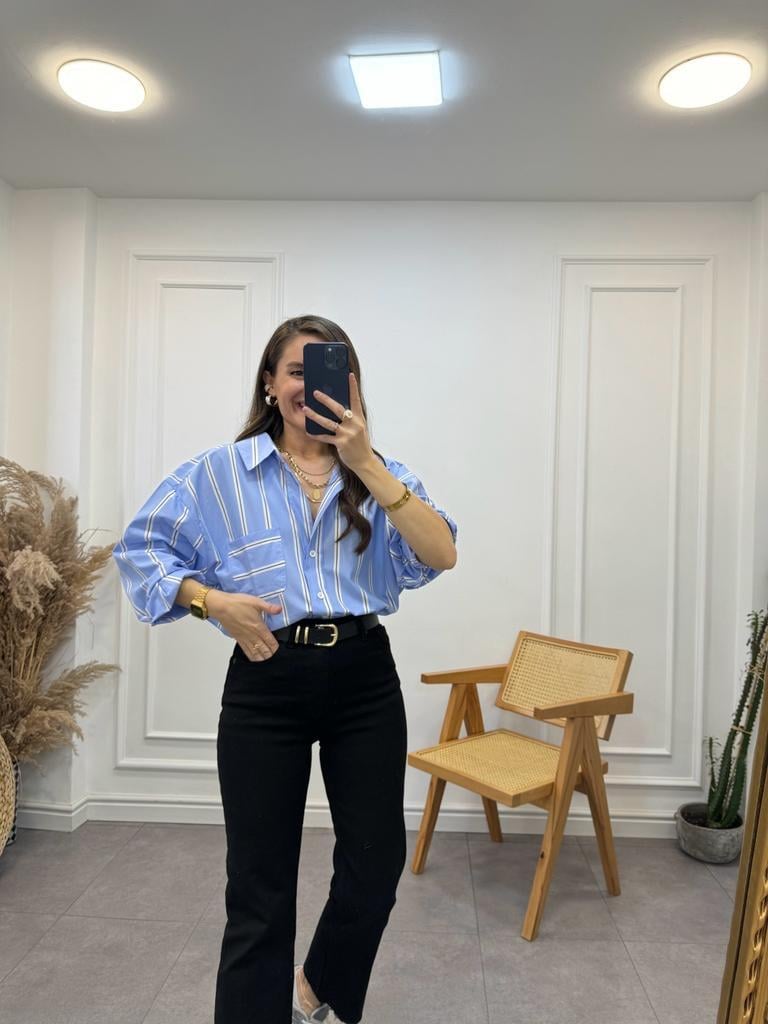 Bebe Mavisi Çizgili Oversize Tek Cep Gömlek 3067