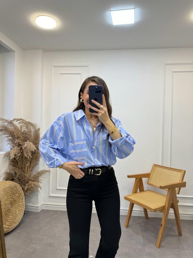 Bebe Mavisi Çizgili Oversize Tek Cep Gömlek 3067