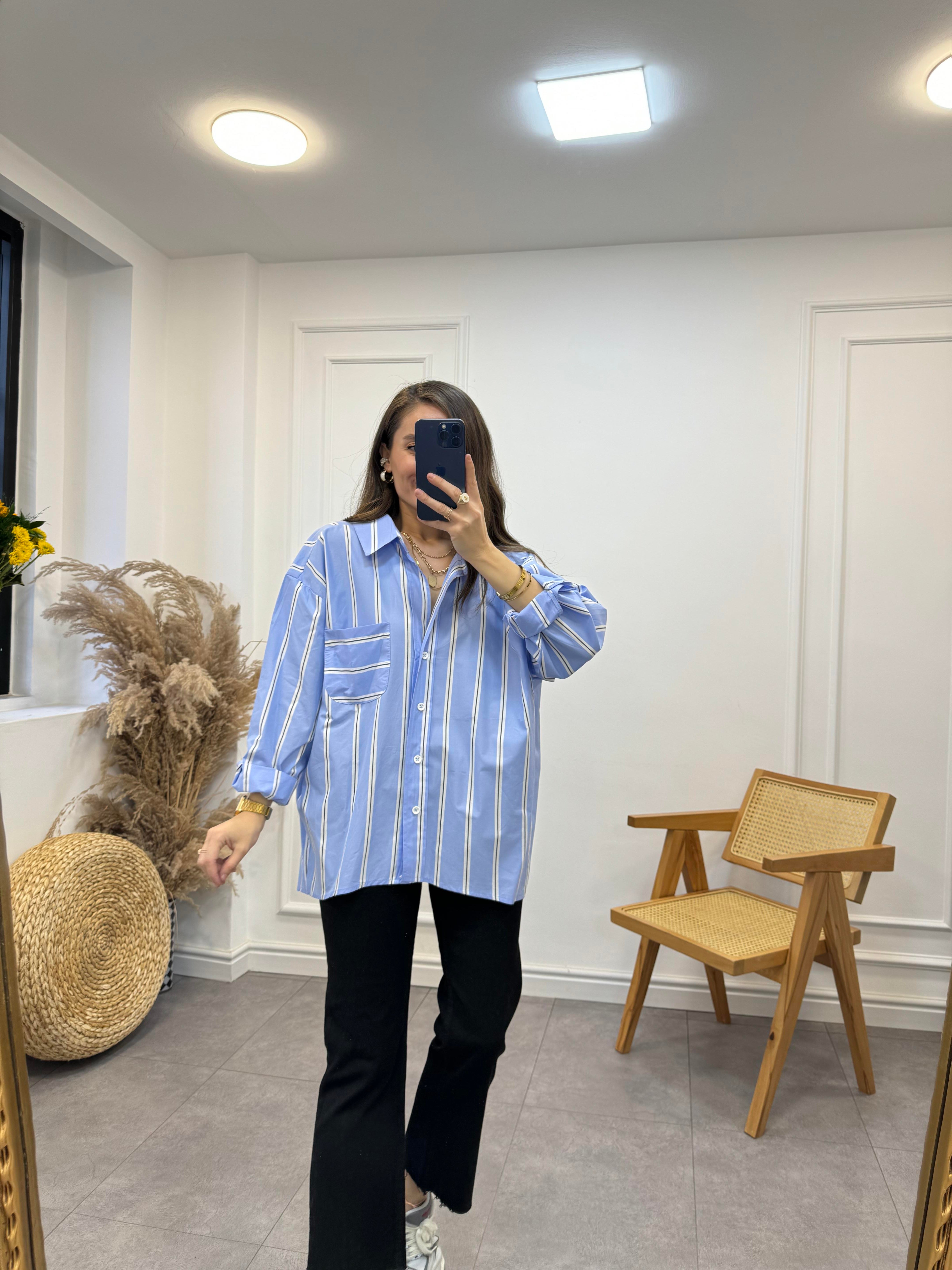 Bebe Mavisi Çizgili Oversize Tek Cep Gömlek 3067