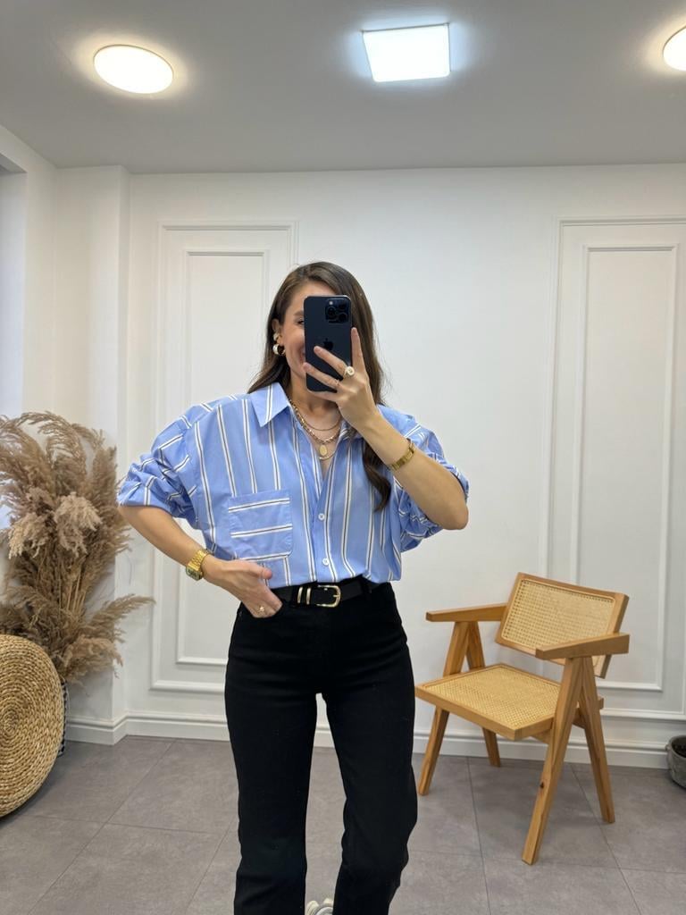 Bebe Mavisi Çizgili Oversize Tek Cep Gömlek 3067