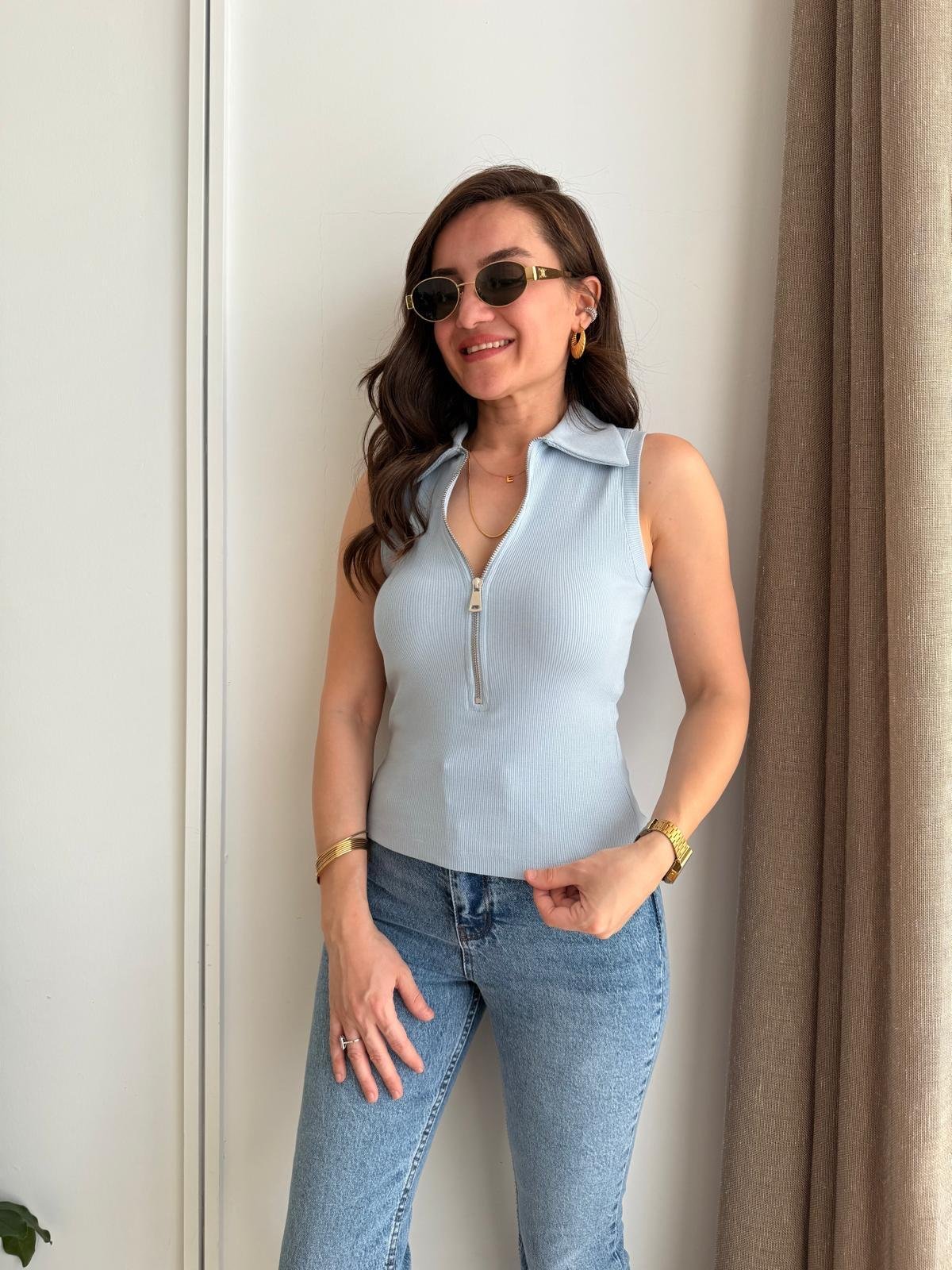 Bebe mavisi Fermuarlı Polo Yaka Bluz 251023