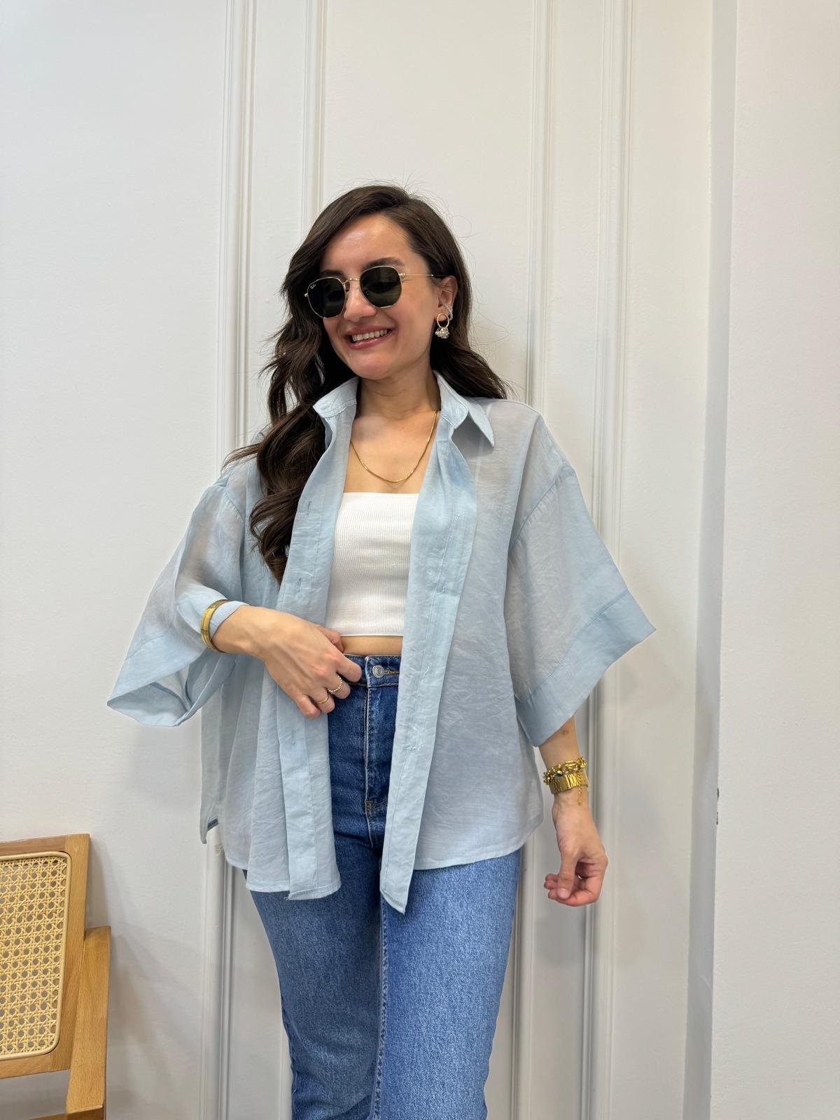 Bebe mavisi İpek Kumaş Kısa Kollu Gömlek 4927