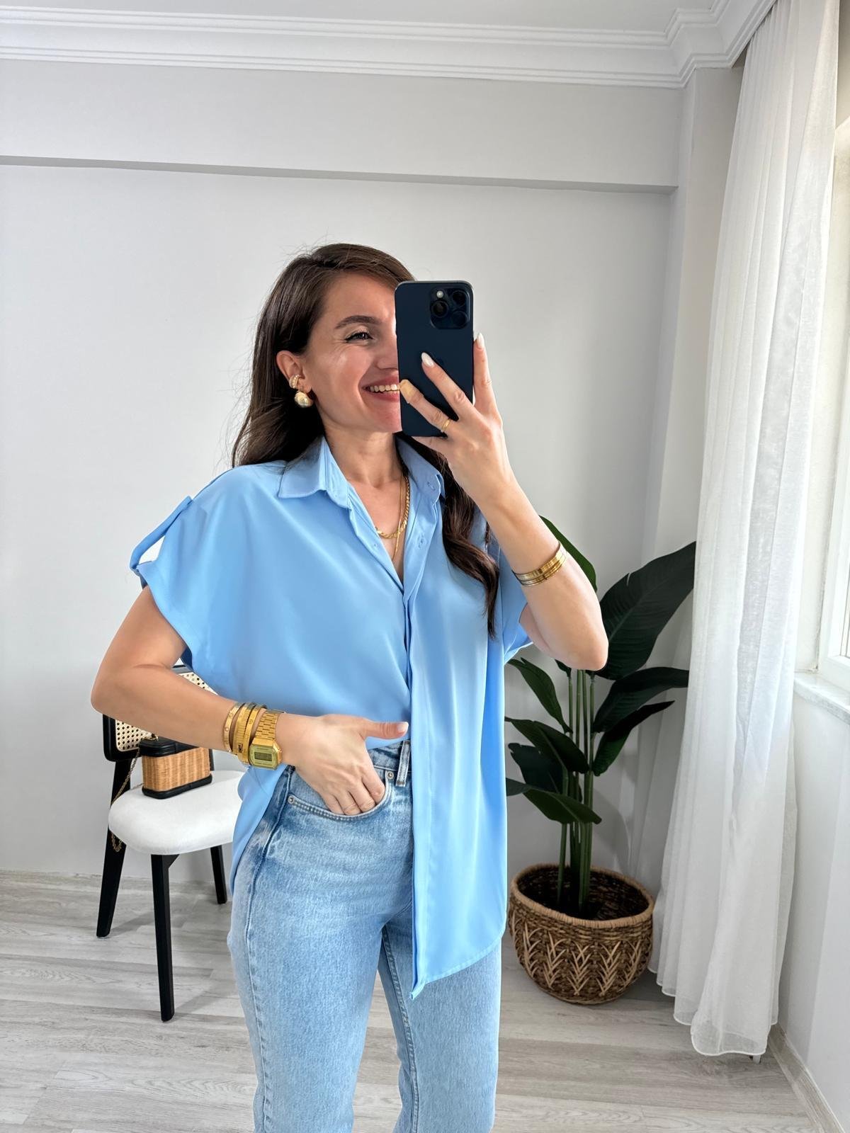 Bebe mavisi Omuz Detaylı Kolsuz Gömlek 504