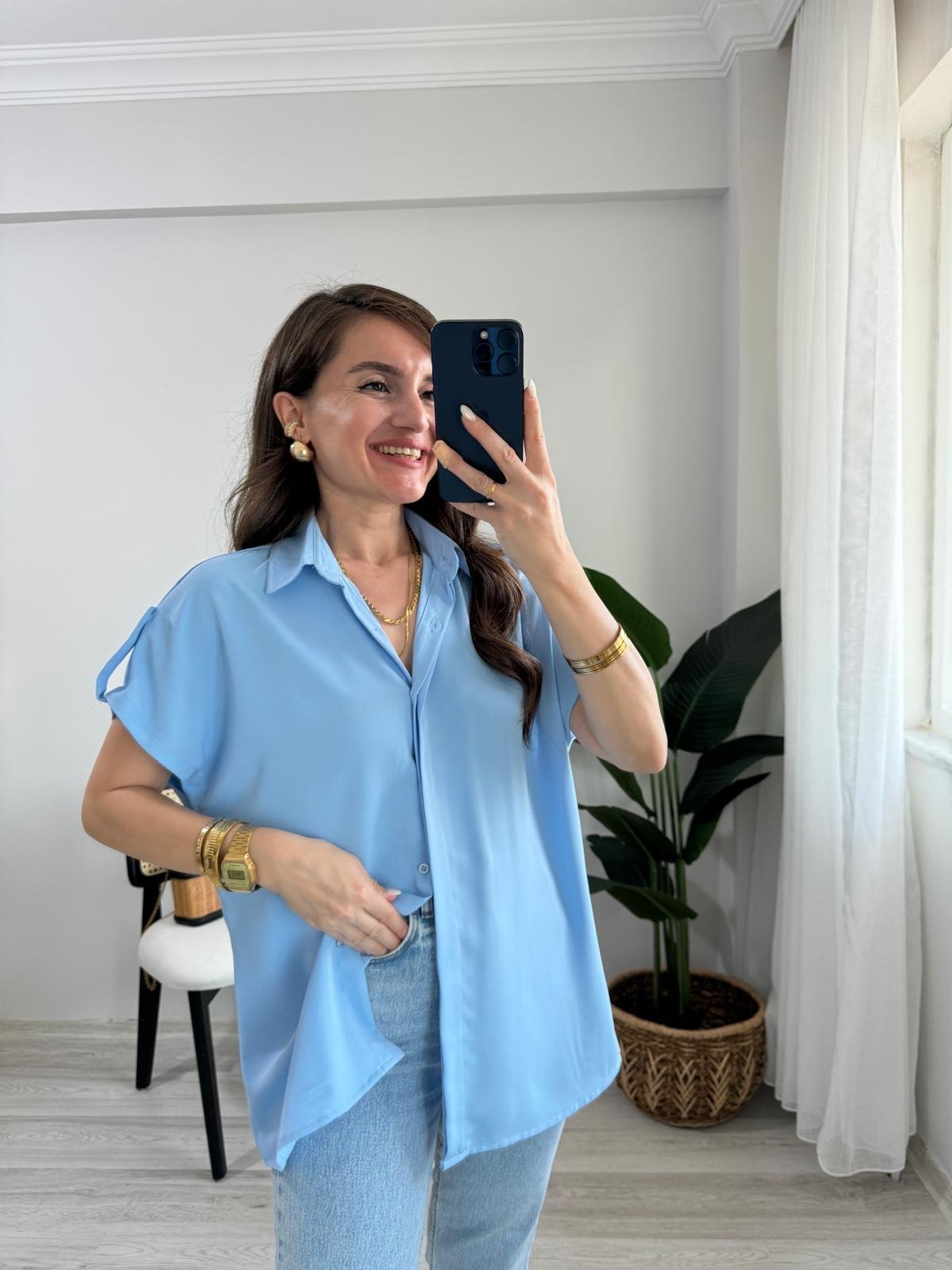 Bebe mavisi Omuz Detaylı Kolsuz Gömlek 504