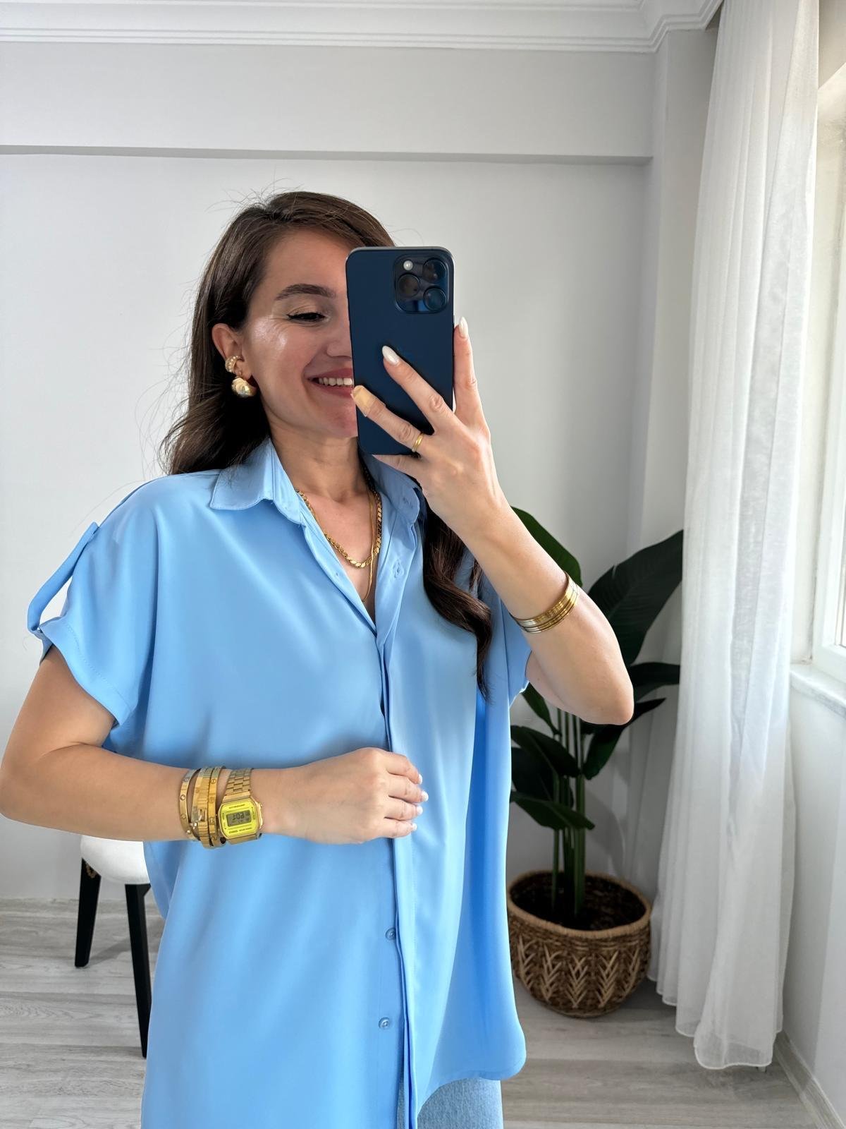 Bebe mavisi Omuz Detaylı Kolsuz Gömlek 504