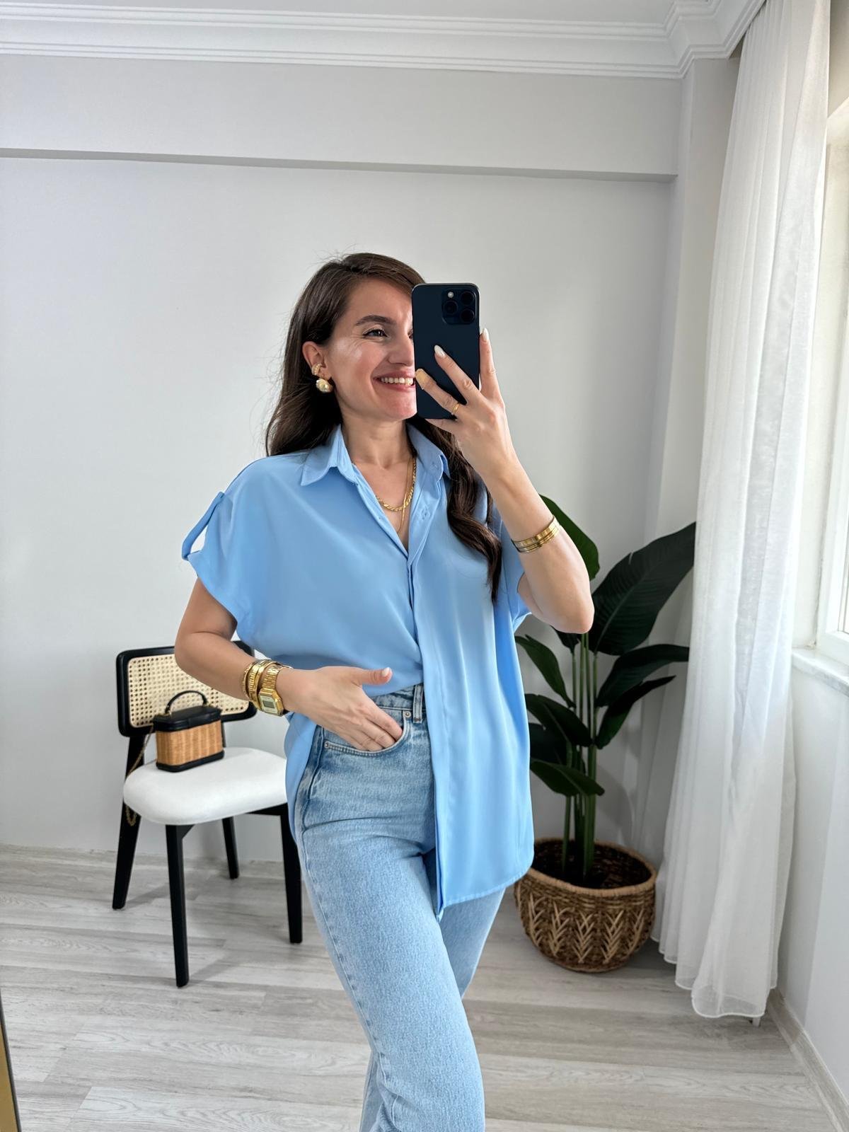 Bebe mavisi Omuz Detaylı Kolsuz Gömlek 504