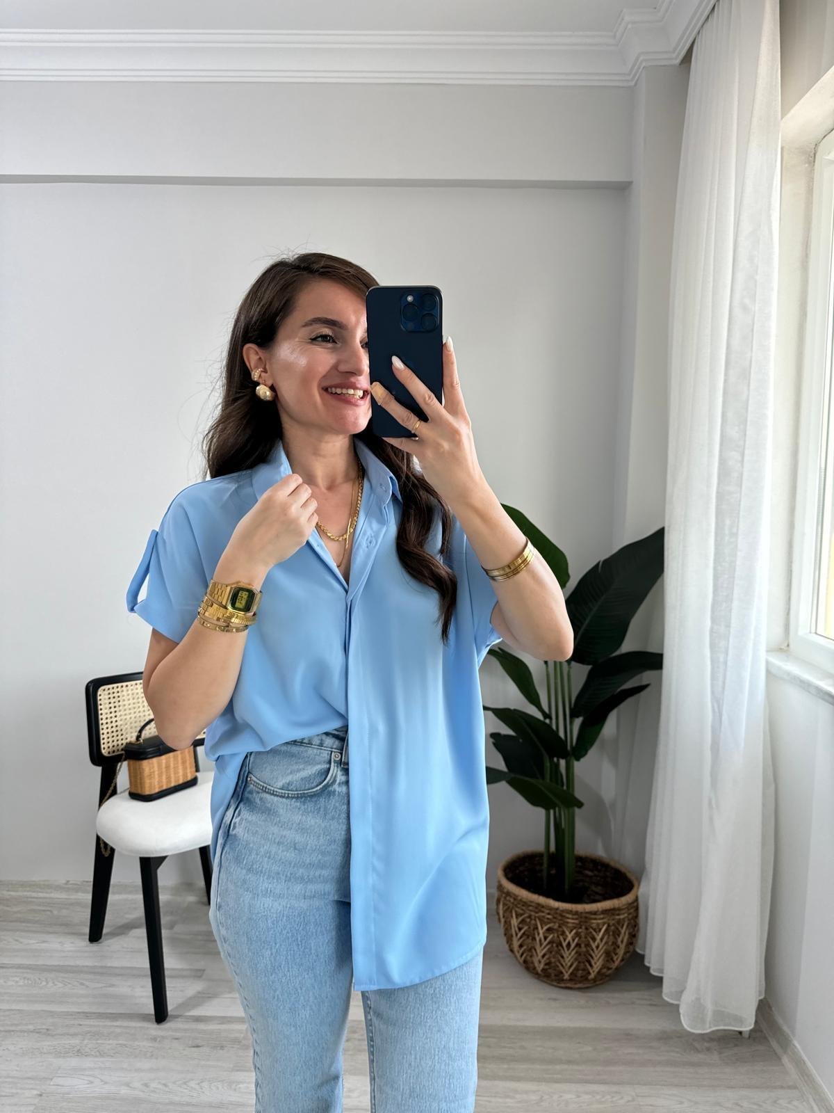 Bebe mavisi Omuz Detaylı Kolsuz Gömlek 504