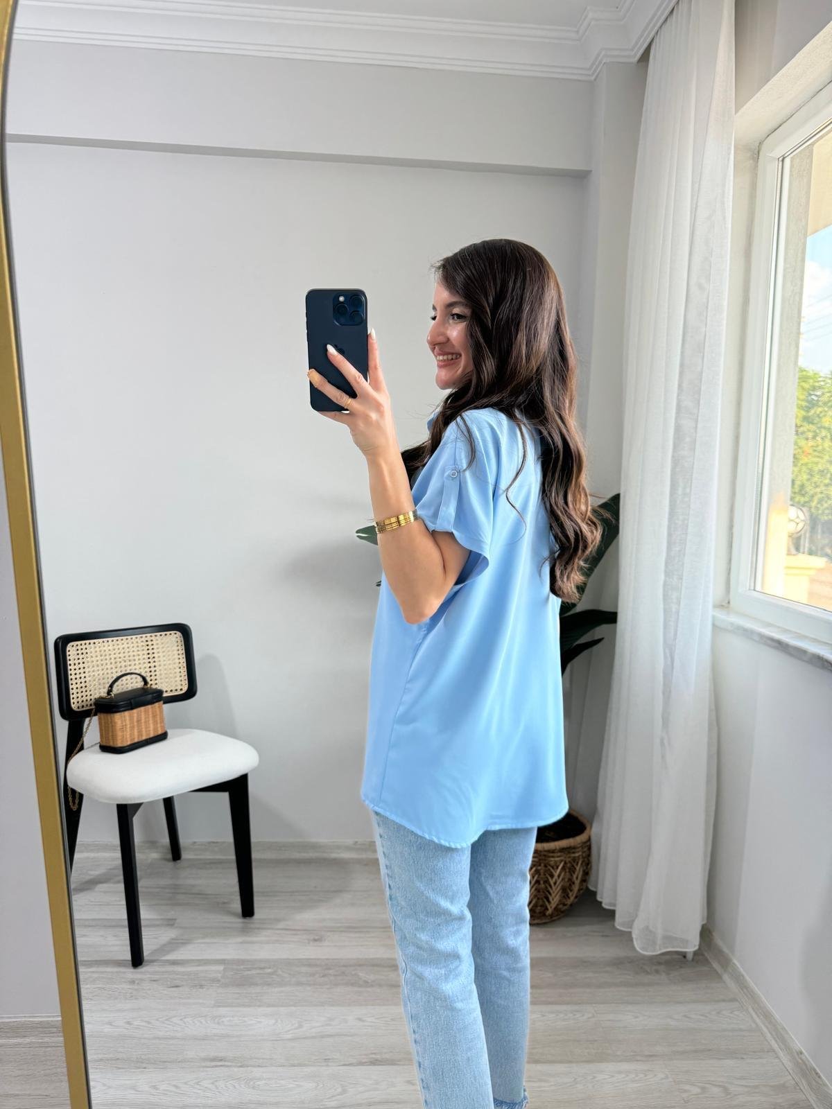 Bebe mavisi Omuz Detaylı Kolsuz Gömlek 504