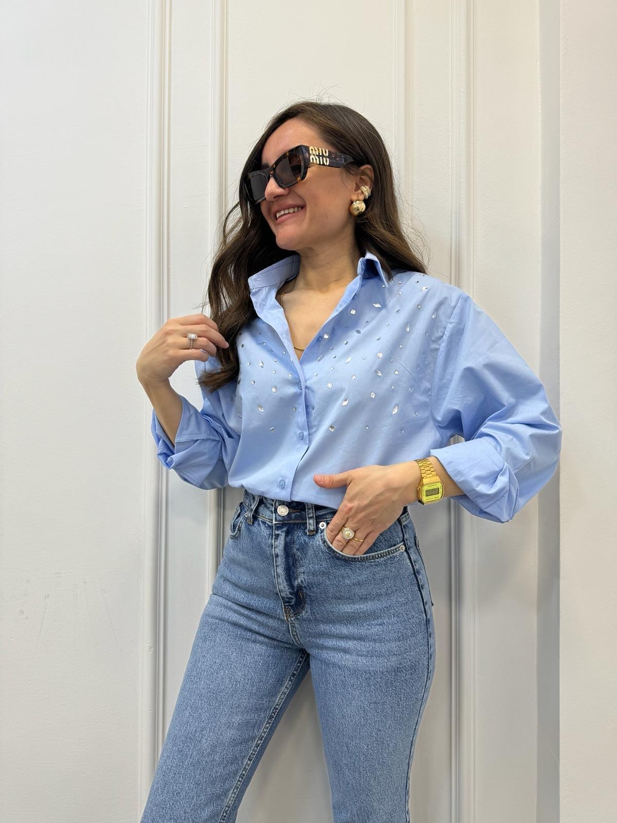 Bebe mavisi Önü Taş Tasarım Oversize Gömlek 1101