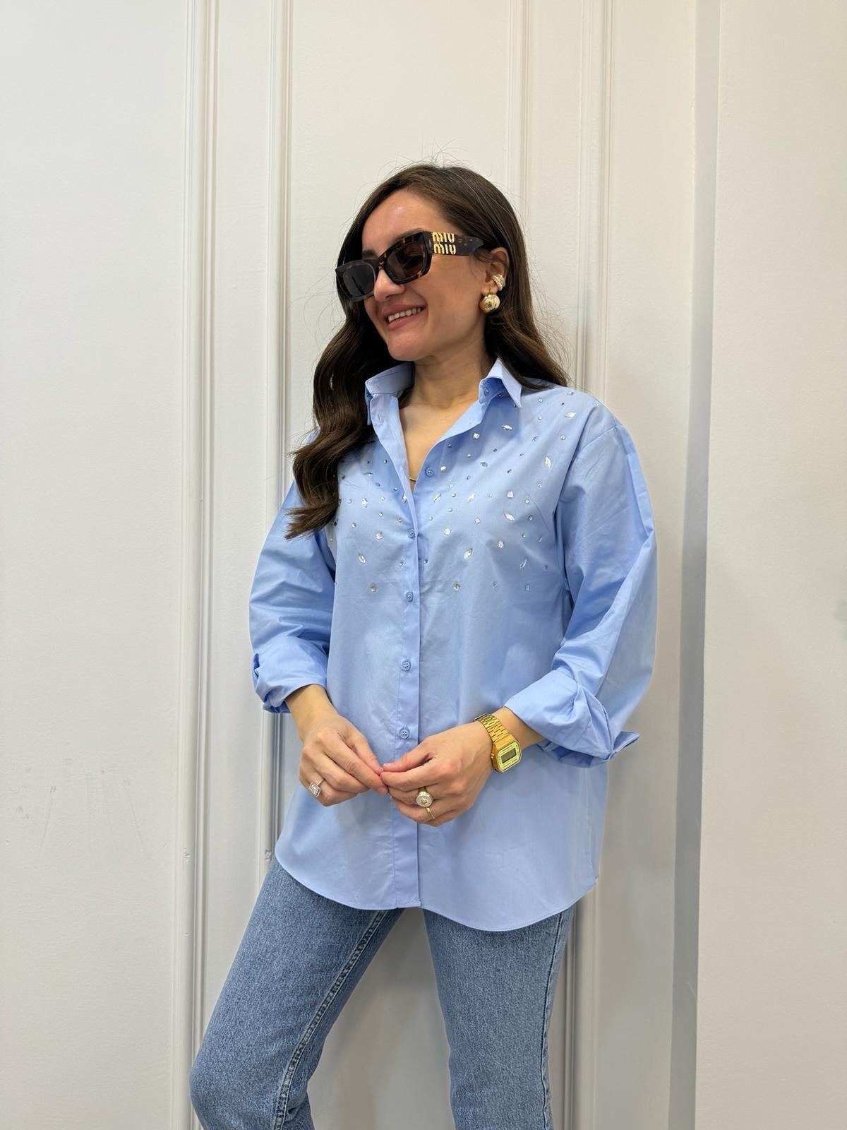 Bebe mavisi Önü Taş Tasarım Oversize Gömlek 1101