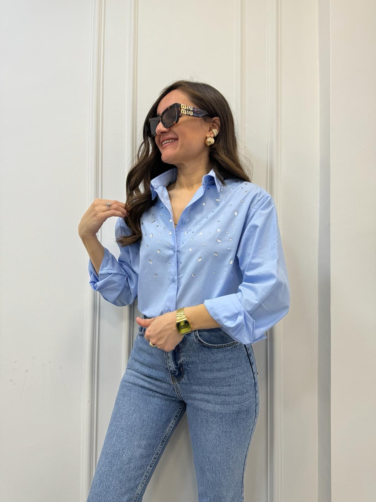 Bebe mavisi Önü Taş Tasarım Oversize Gömlek 1101