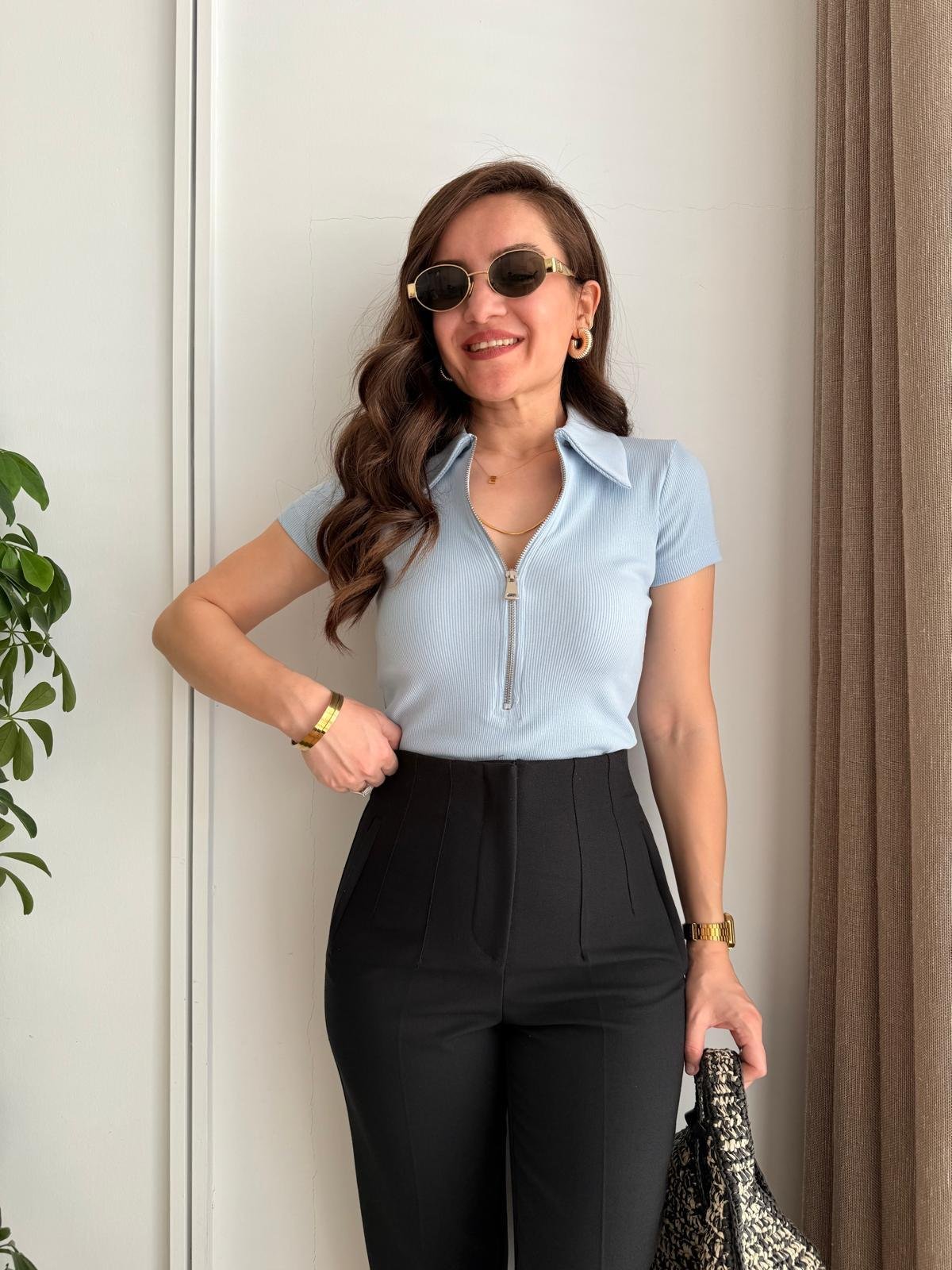Bebe mavisi Polo Yaka Fermuarlı Kısa Kol Tshirt 251082