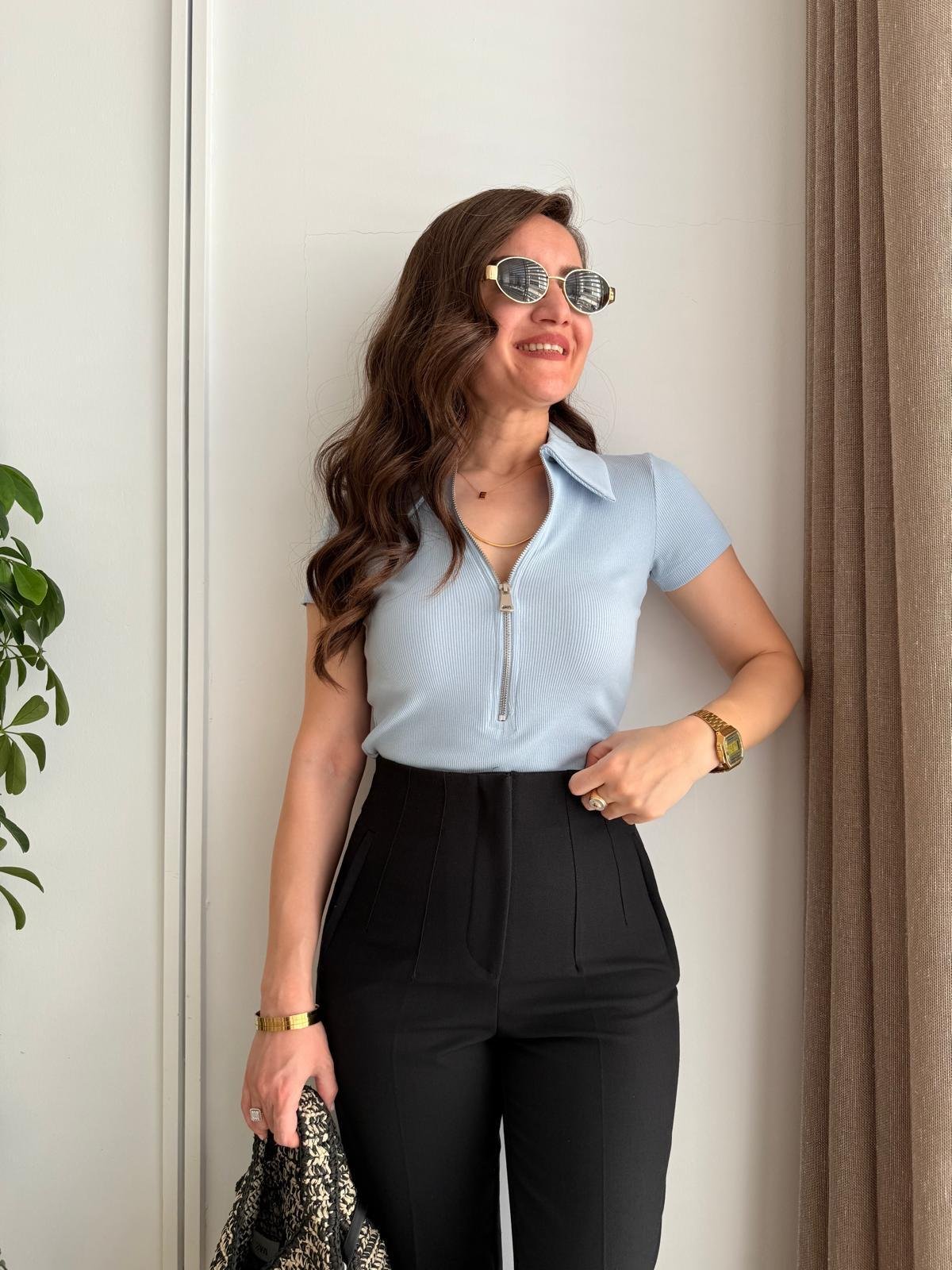 Bebe mavisi Polo Yaka Fermuarlı Kısa Kol Tshirt 251082