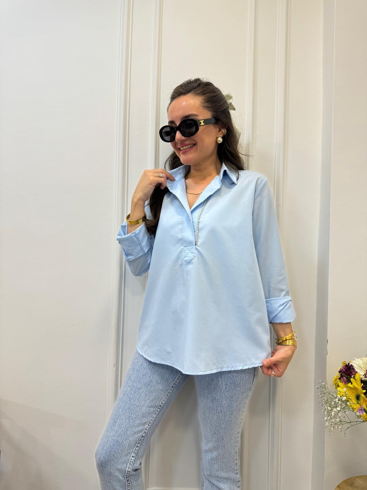 Bebe mavisi Poplin Kumaş Yan Taş İşlemeli Gömlek 34489