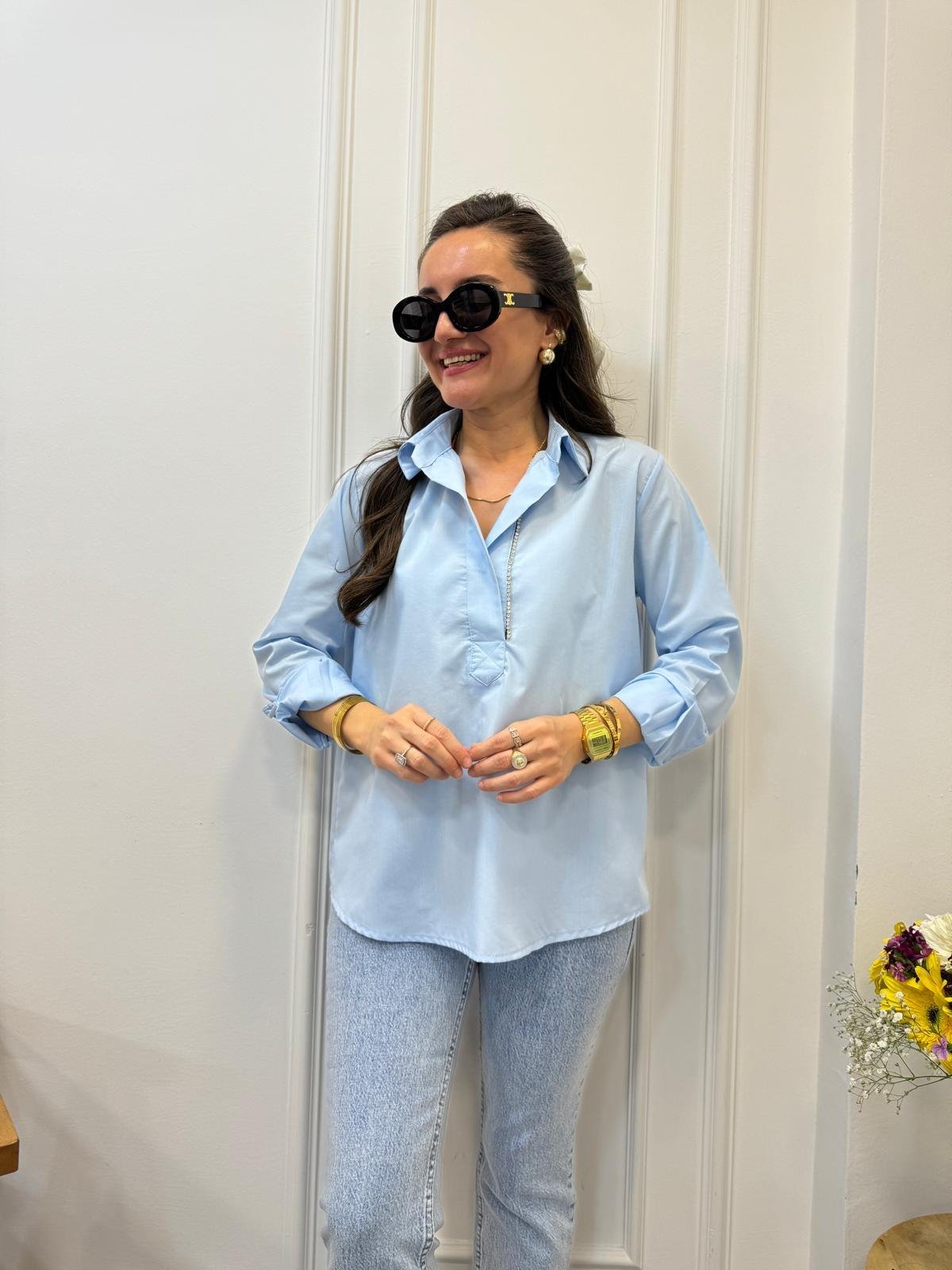 Bebe mavisi Poplin Kumaş Yan Taş İşlemeli Gömlek 34489