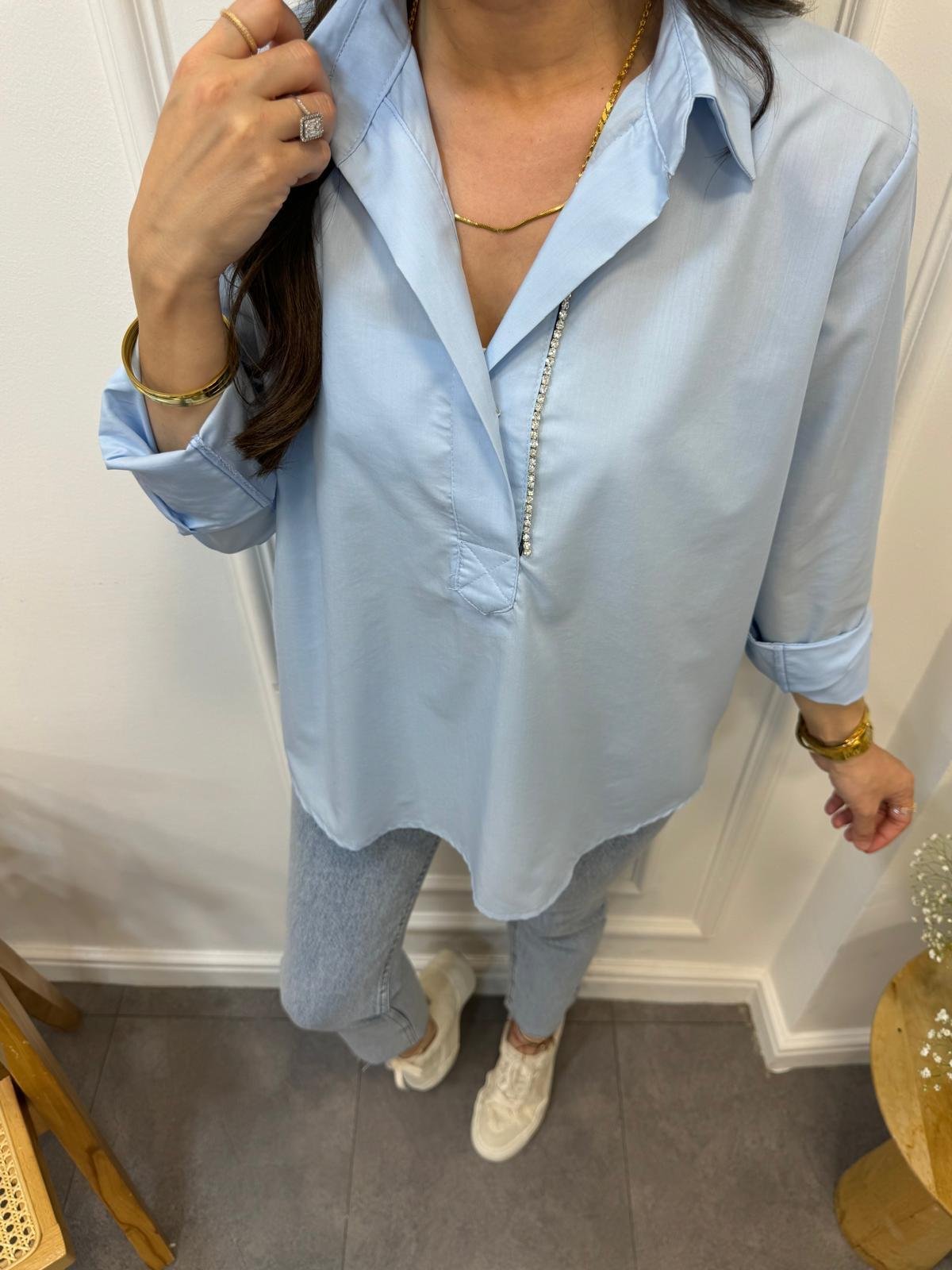 Bebe mavisi Poplin Kumaş Yan Taş İşlemeli Gömlek 34489