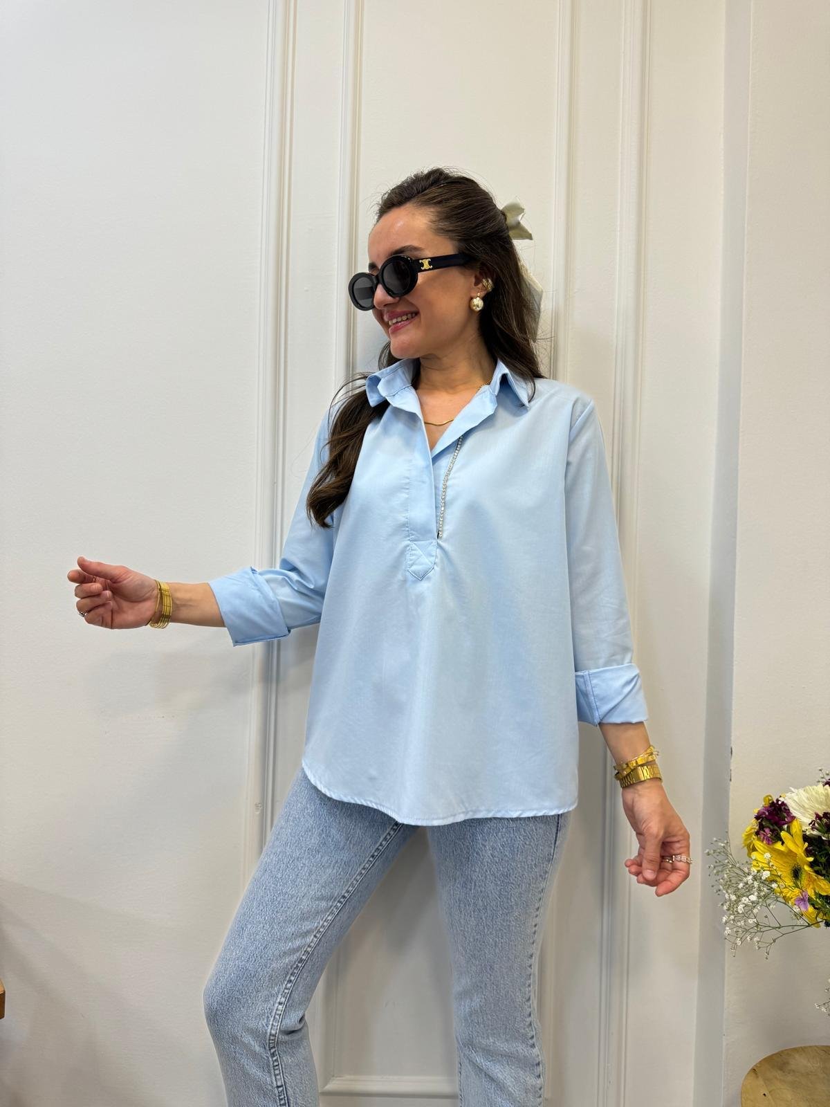 Bebe mavisi Poplin Kumaş Yan Taş İşlemeli Gömlek 34489
