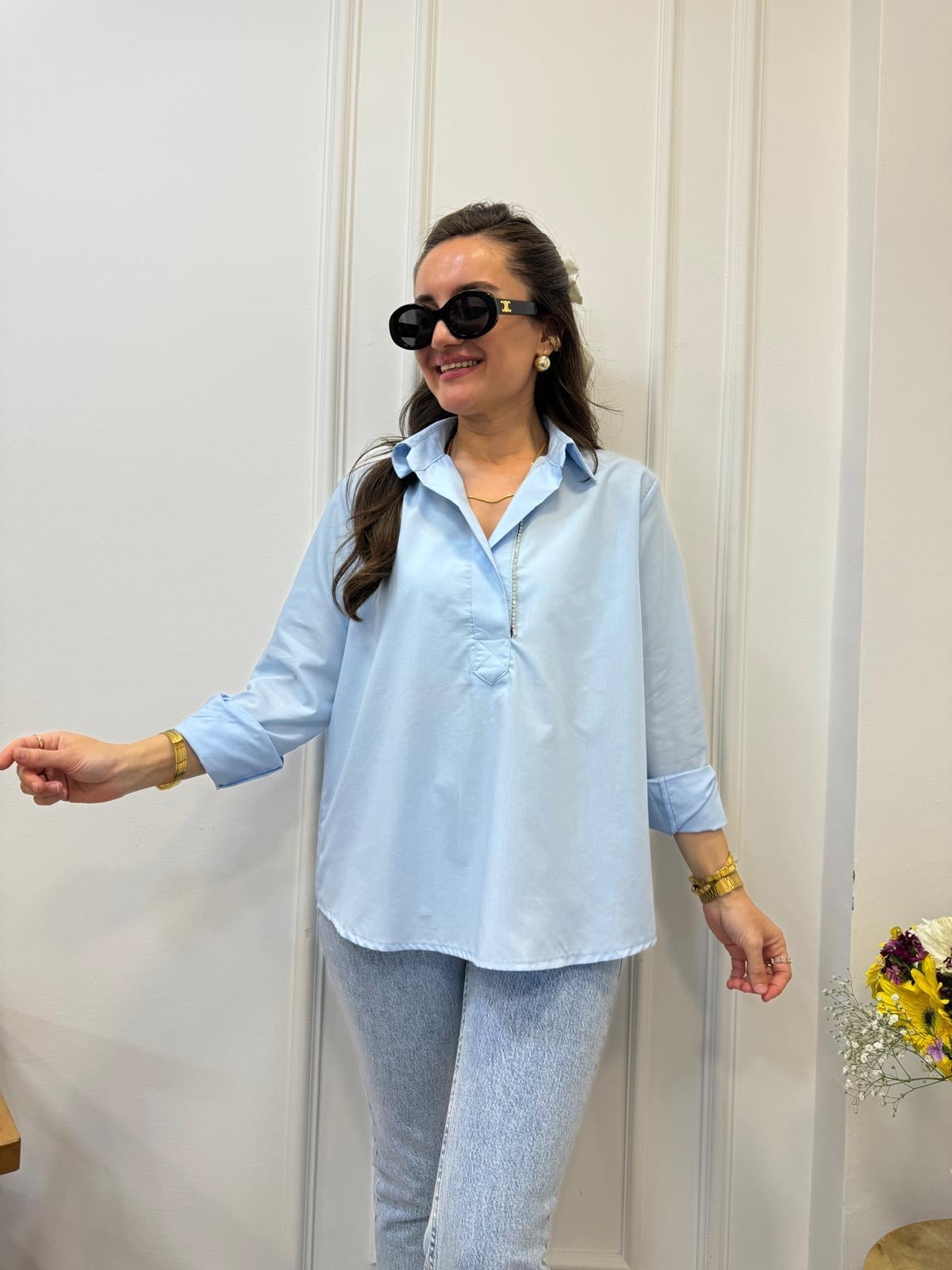 Bebe mavisi Poplin Kumaş Yan Taş İşlemeli Gömlek 34489