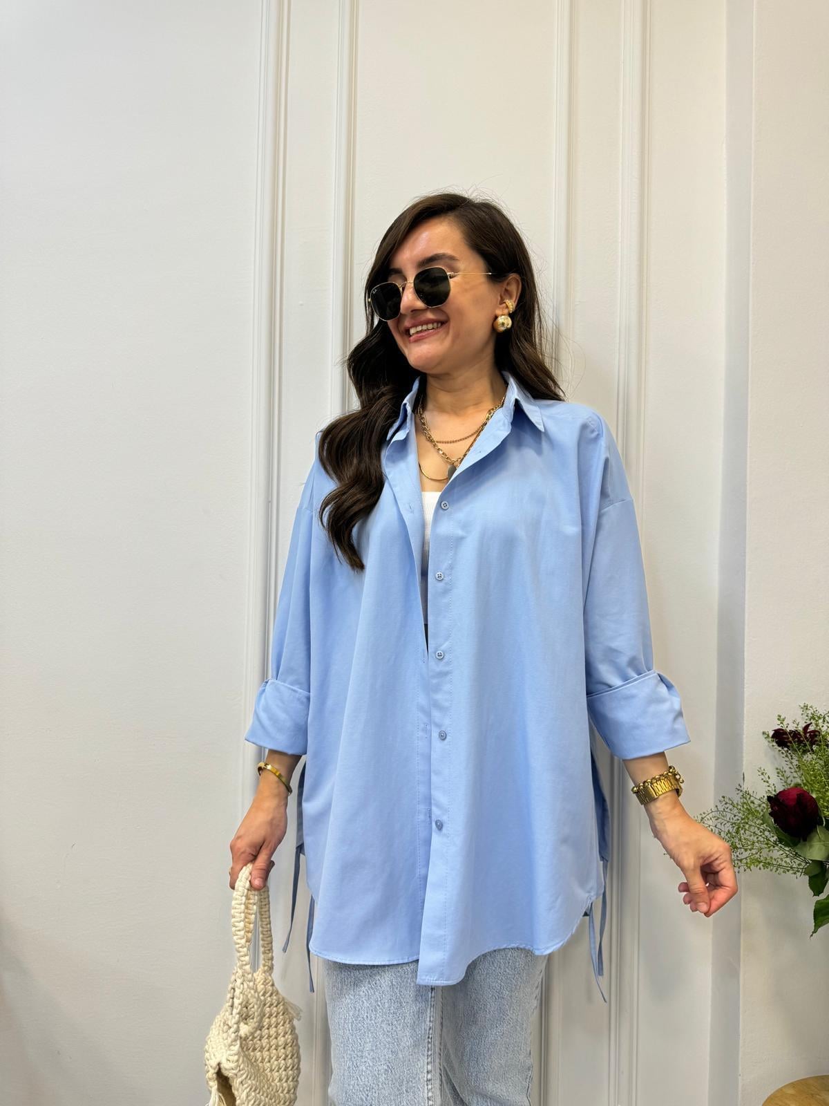 Bebe mavisi Yan Bağlamalı Oversize Gömlek 197