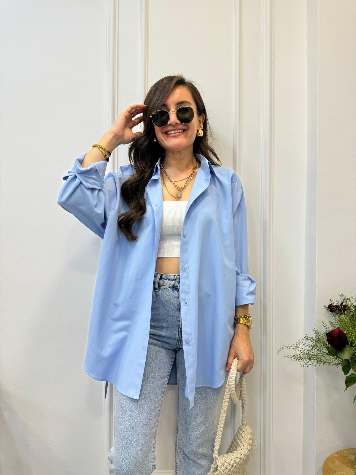 Bebe mavisi Yan Bağlamalı Oversize Gömlek 197