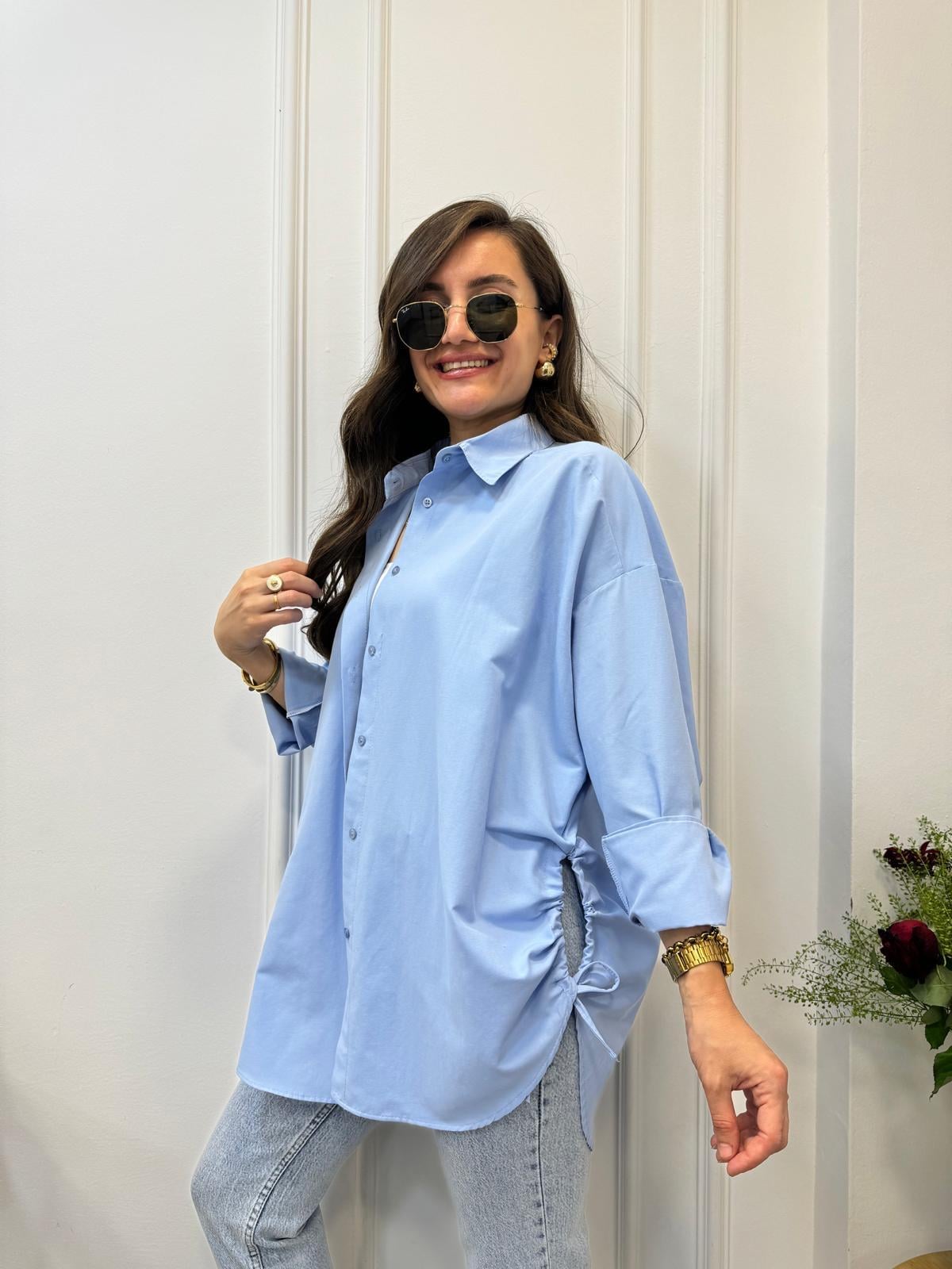 Bebe mavisi Yan Bağlamalı Oversize Gömlek 197