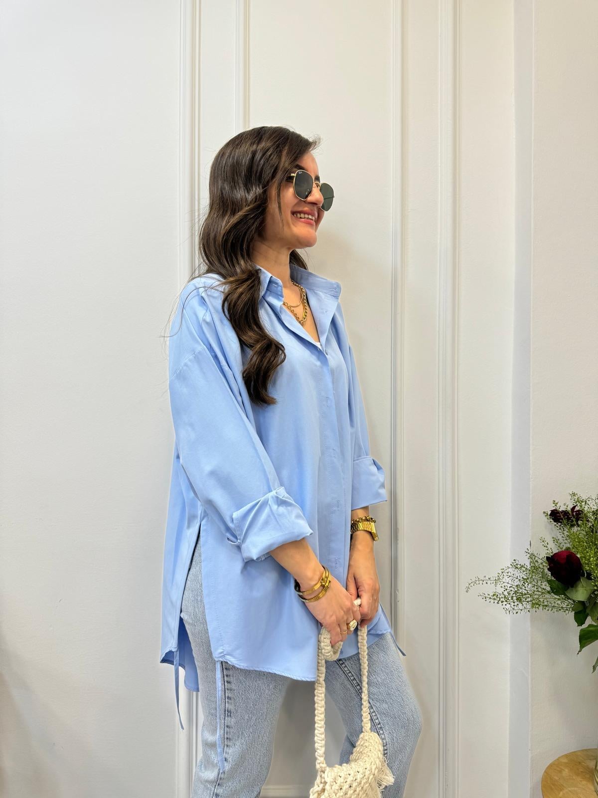 Bebe mavisi Yan Bağlamalı Oversize Gömlek 197