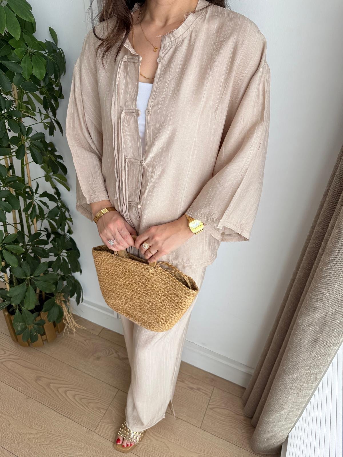 Bej Bambu Kumaş Paçası Yırtmaçlı Pantolon Kimono Takım 0614