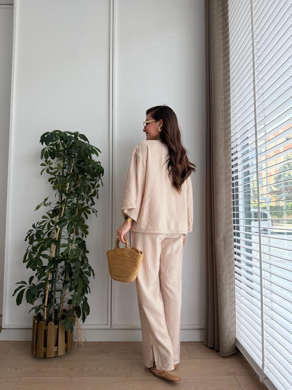 Bej Bambu Kumaş Paçası Yırtmaçlı Pantolon Kimono Takım 0614