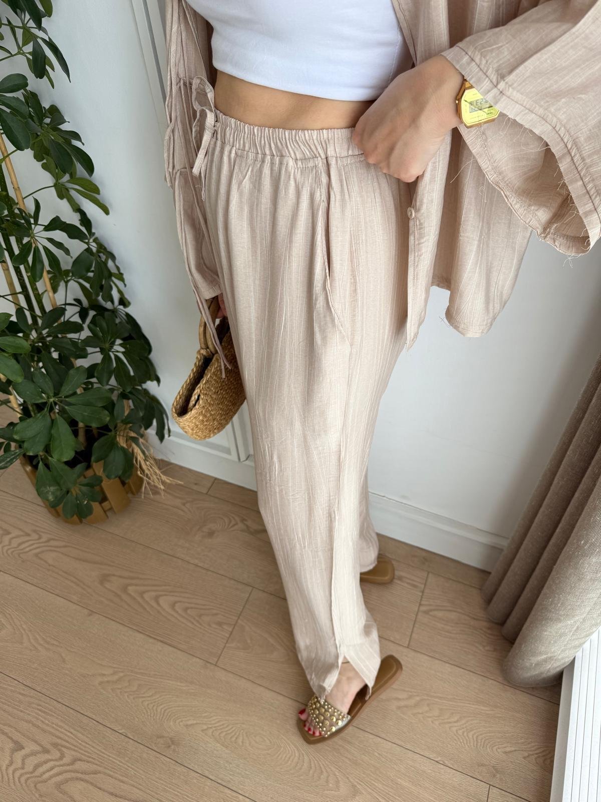 Bej Bambu Kumaş Paçası Yırtmaçlı Pantolon Kimono Takım 0614