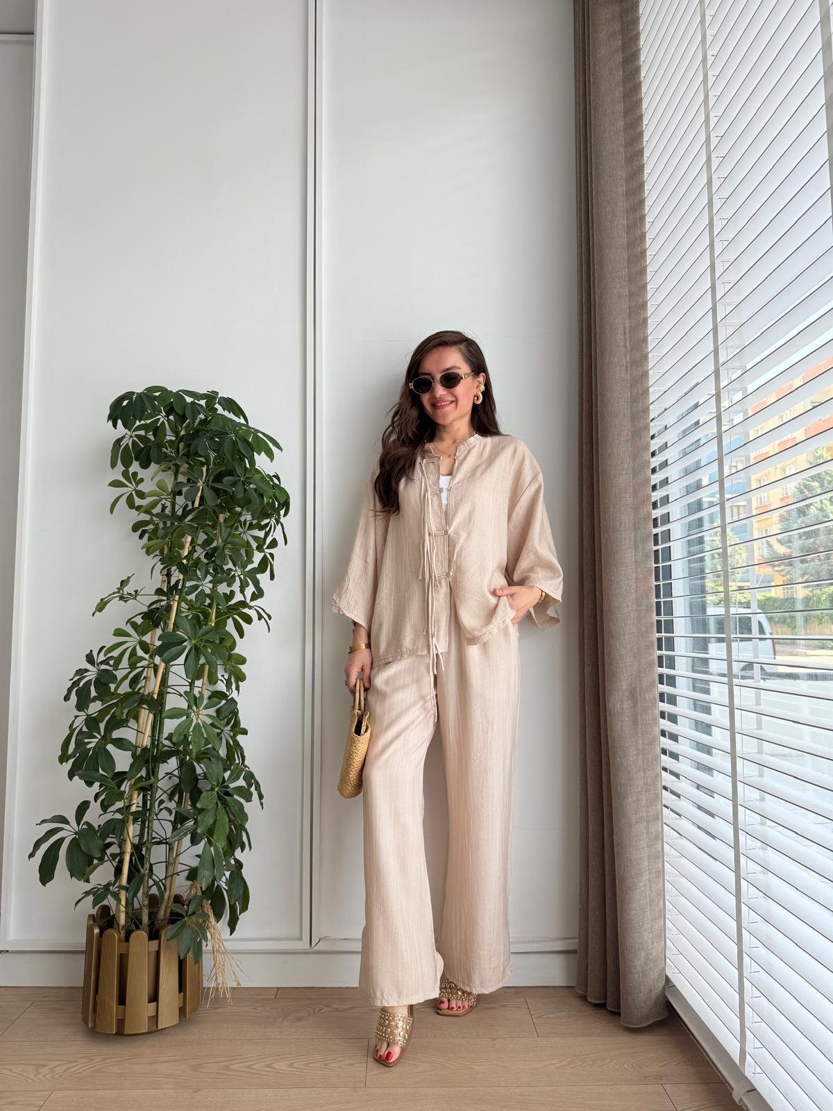 Bej Bambu Kumaş Paçası Yırtmaçlı Pantolon Kimono Takım 0614