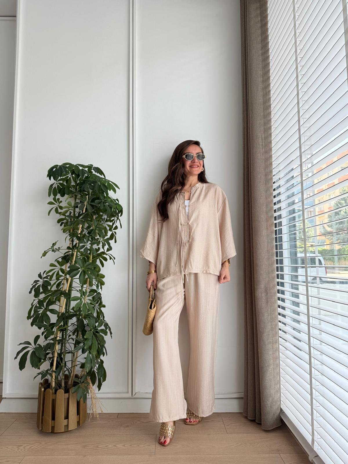 Bej Bambu Kumaş Paçası Yırtmaçlı Pantolon Kimono Takım 0614