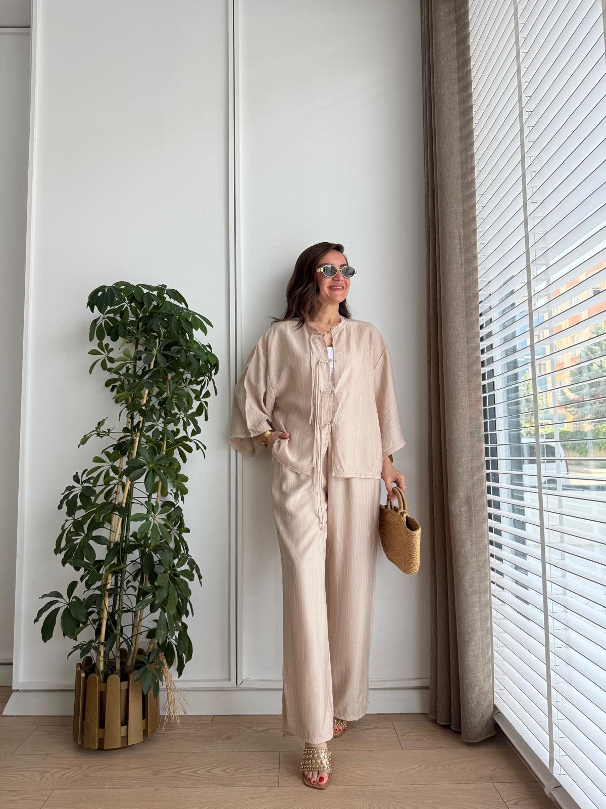 Bej Bambu Kumaş Paçası Yırtmaçlı Pantolon Kimono Takım 0614