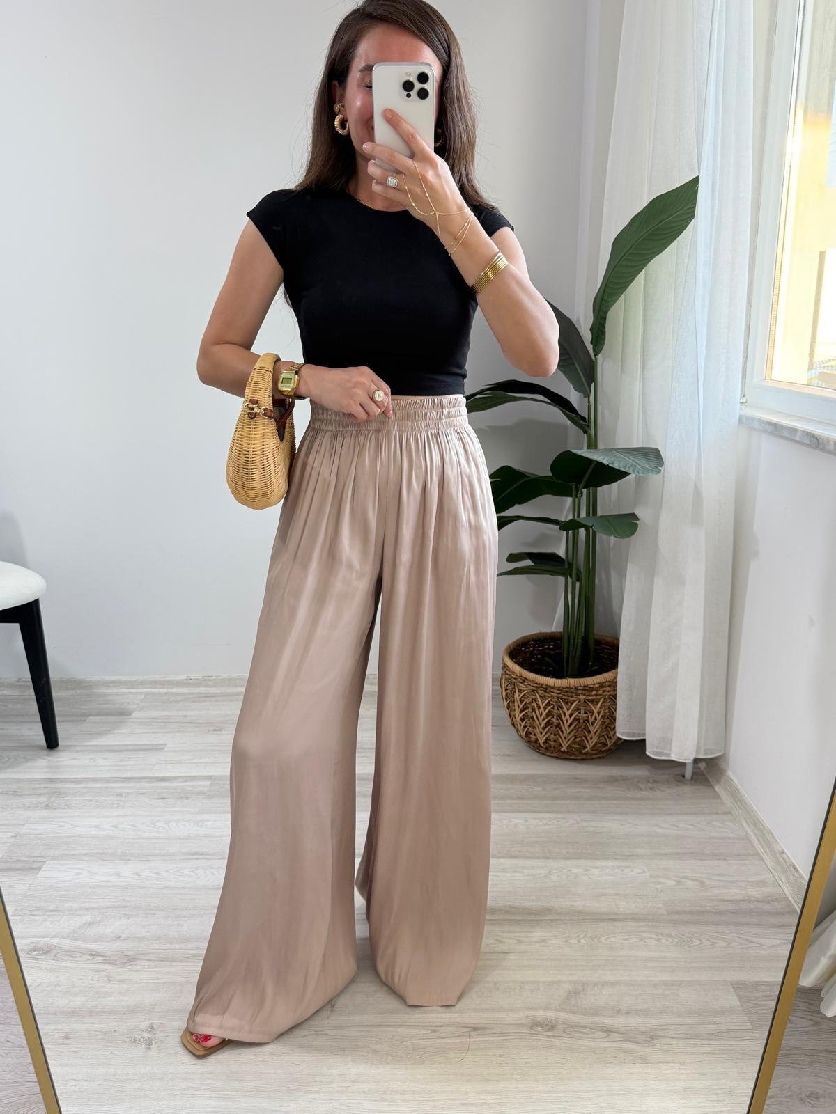Bej Bel Lastikli Geniş Paça Pantolon 421