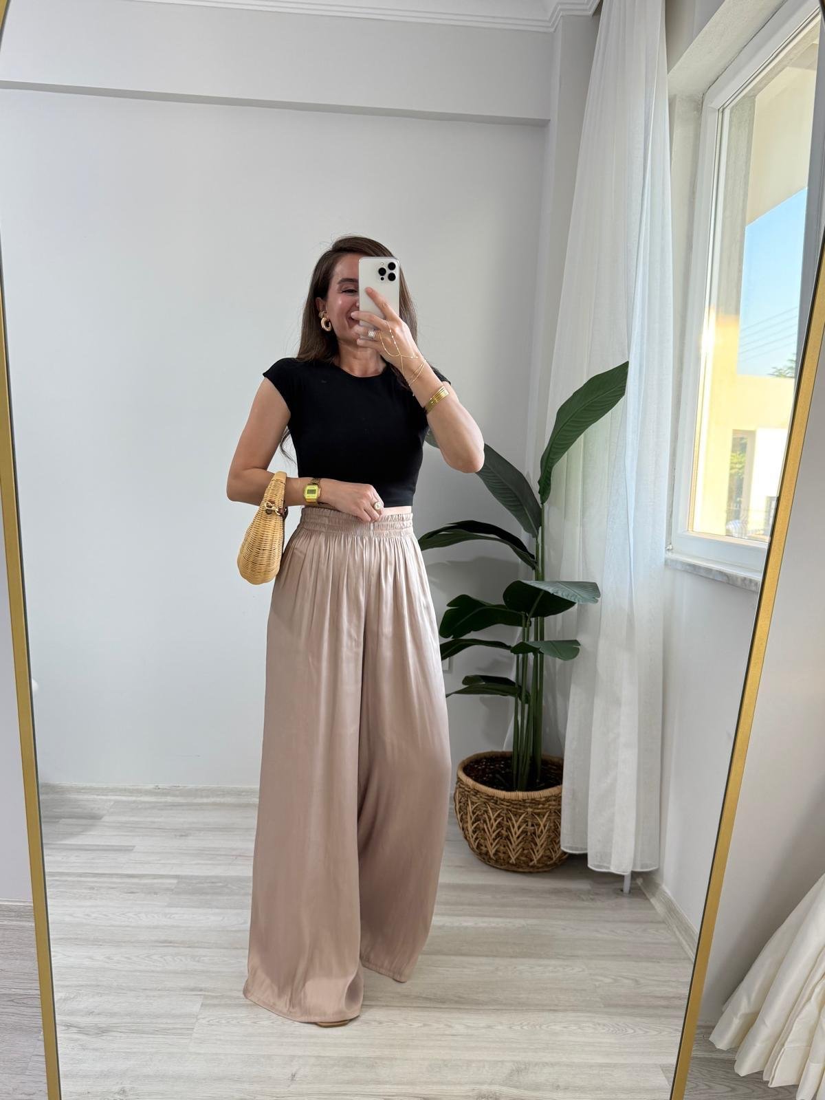 Bej Bel Lastikli Geniş Paça Pantolon 421