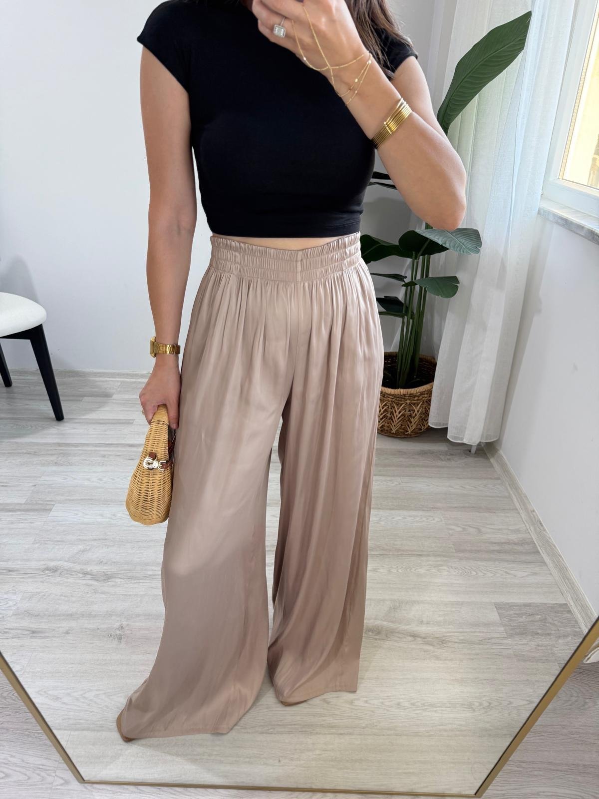 Bej Bel Lastikli Geniş Paça Pantolon 421
