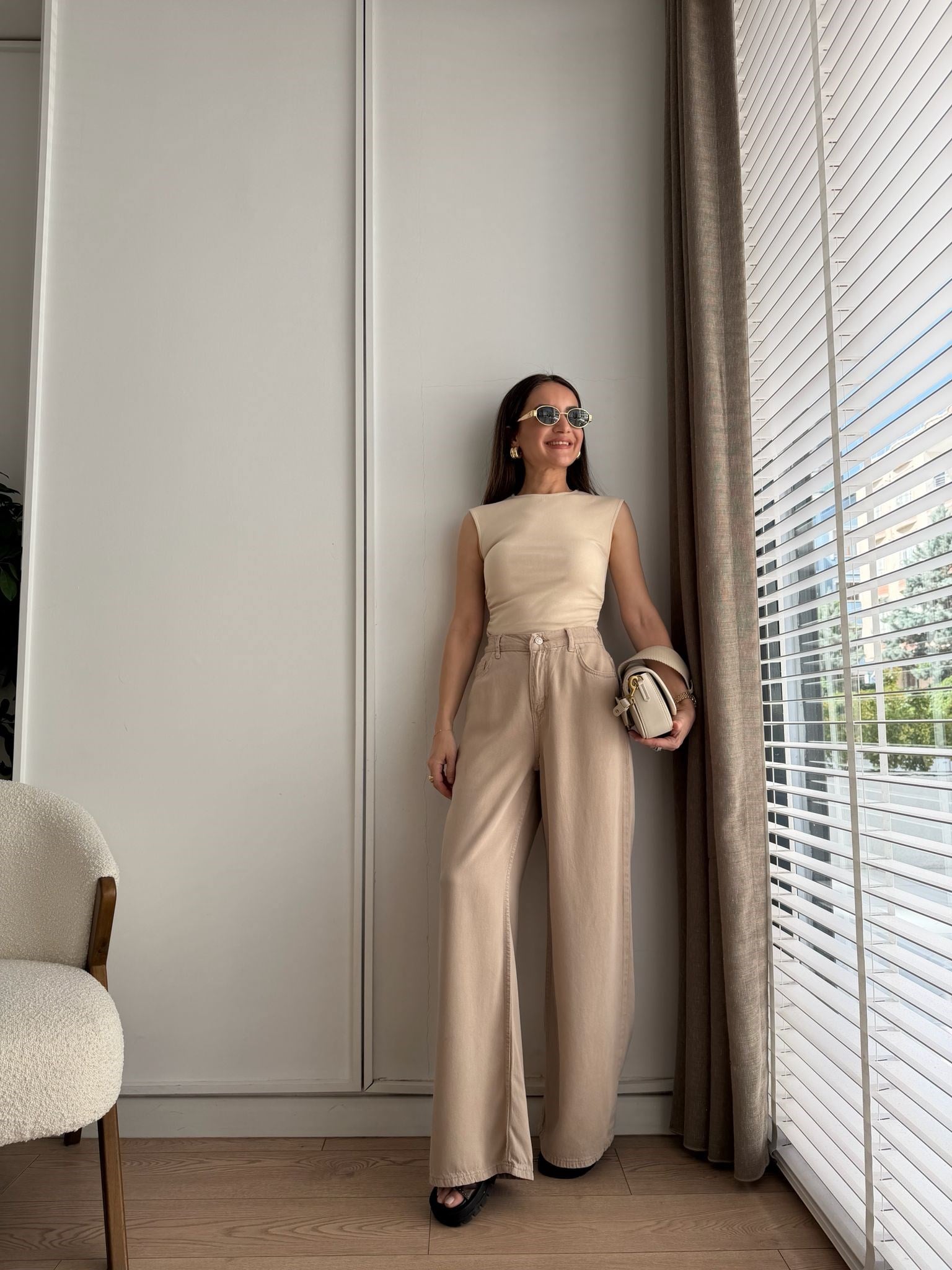 Bej Beli Lastikli Tensel Palazzo Jean 1071