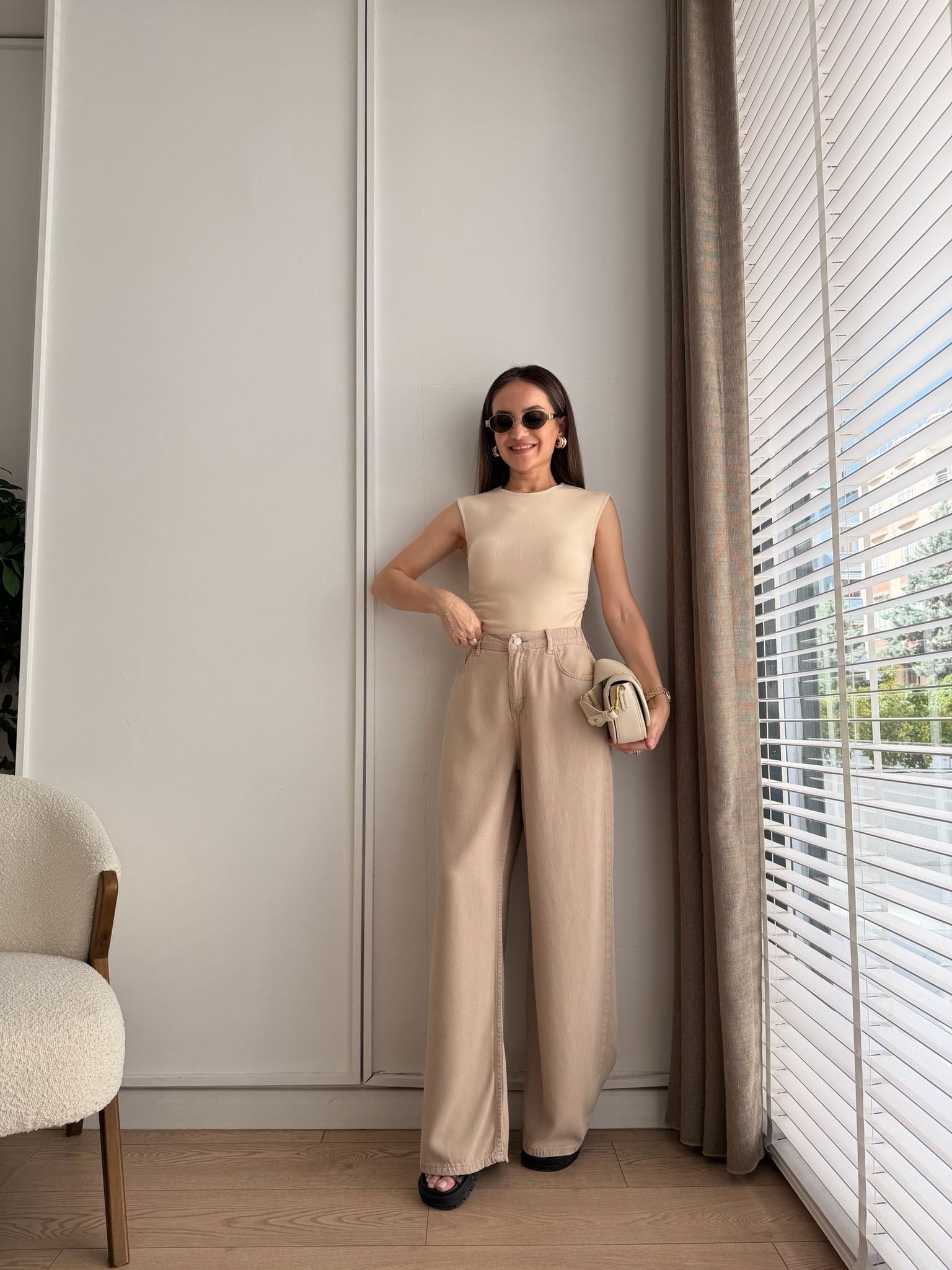 Bej Beli Lastikli Tensel Palazzo Jean 1071
