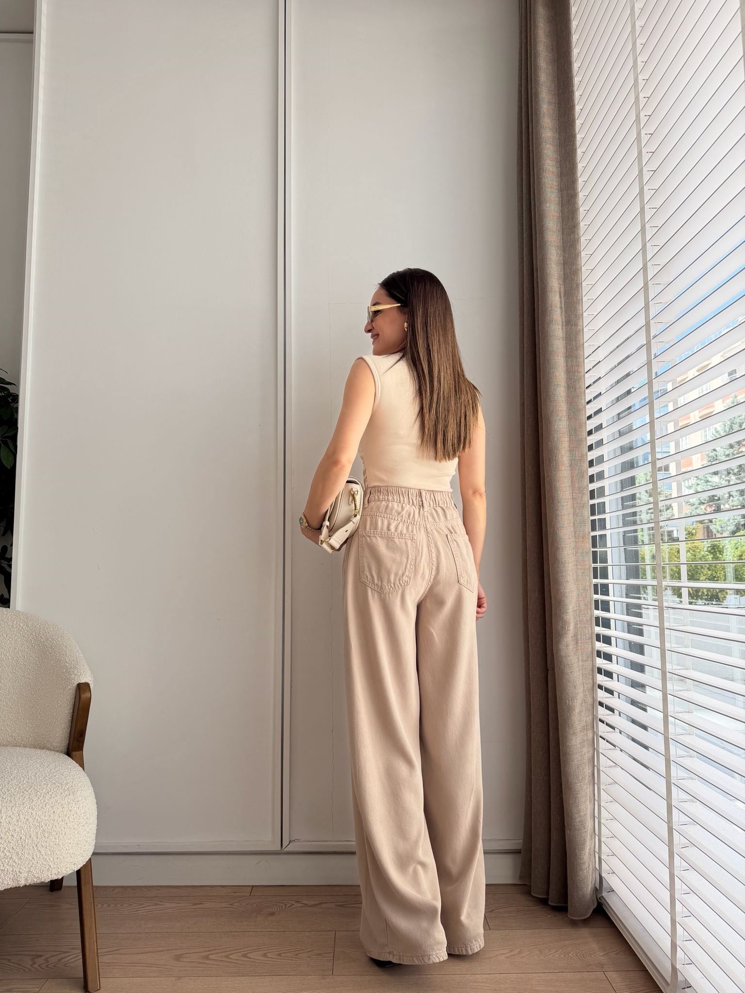 Bej Beli Lastikli Tensel Palazzo Jean 1071
