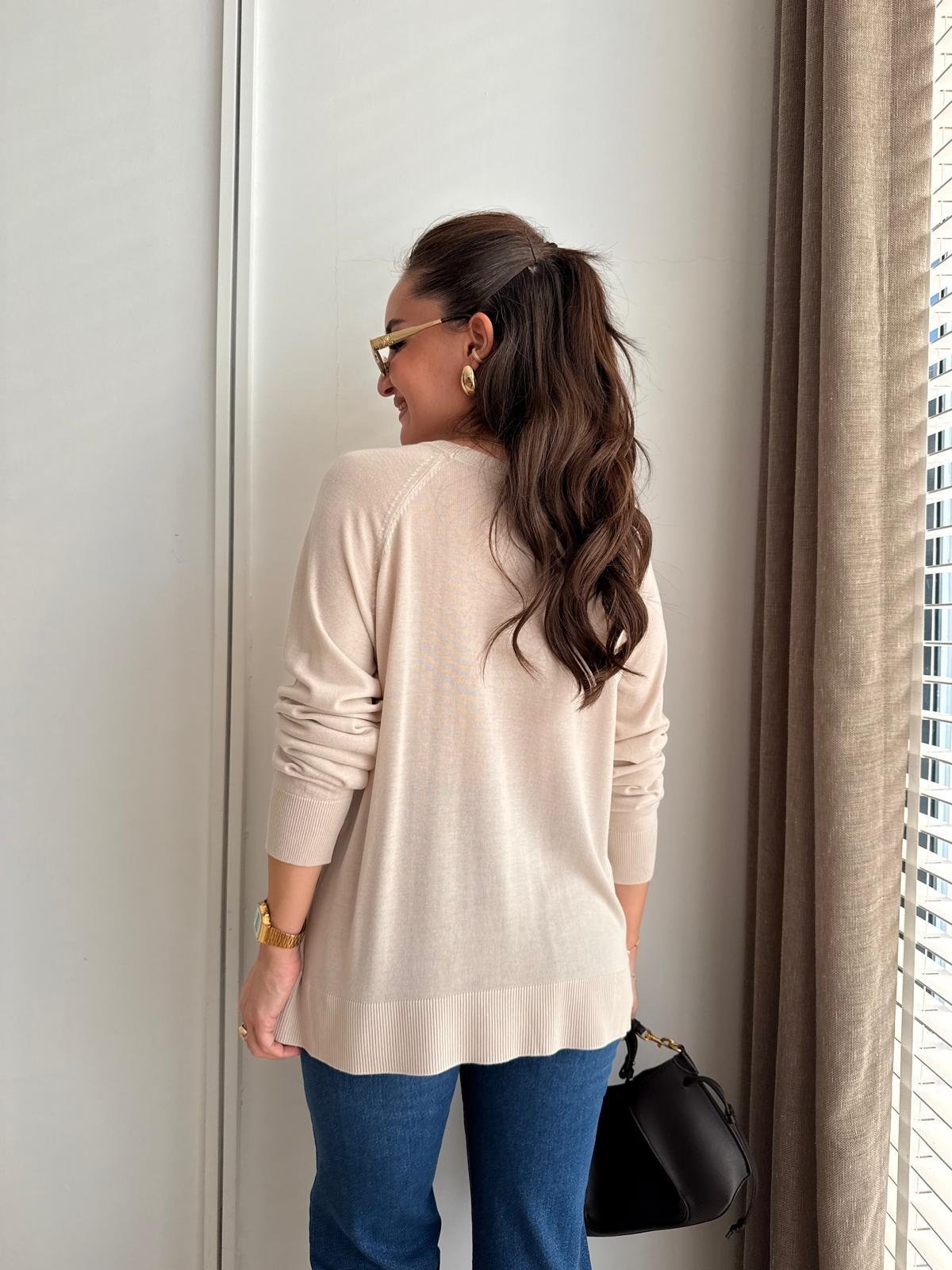 Bej Bisiklet Yaka Basic Triko Bluz 10299