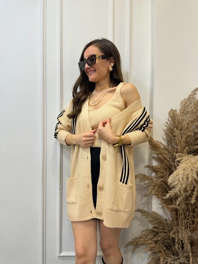 Bej Çizgili Crop Hırka Takım 0023