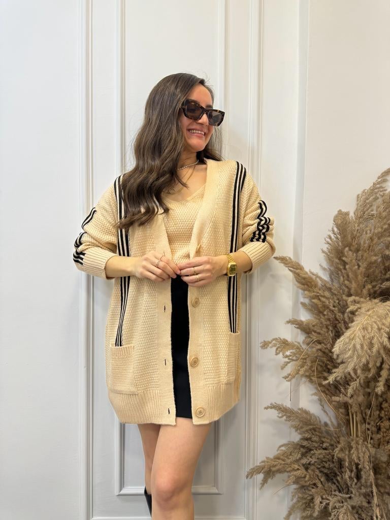 Bej Çizgili Crop Hırka Takım 0023